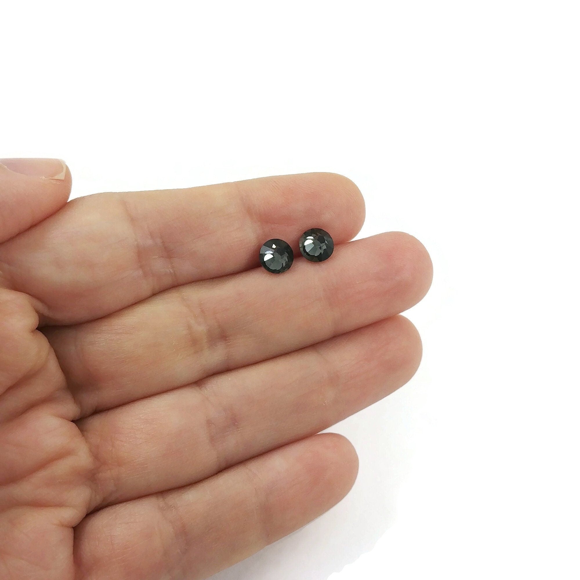 Black diamond pure titanium stud earrings, Grey crystal nickel free jewelry for sensitive ears