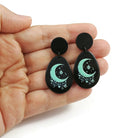 Turquoise boho moon drop earrings, Celestial black acrylic earrings, Statement titanium jewelry for sensitive ears