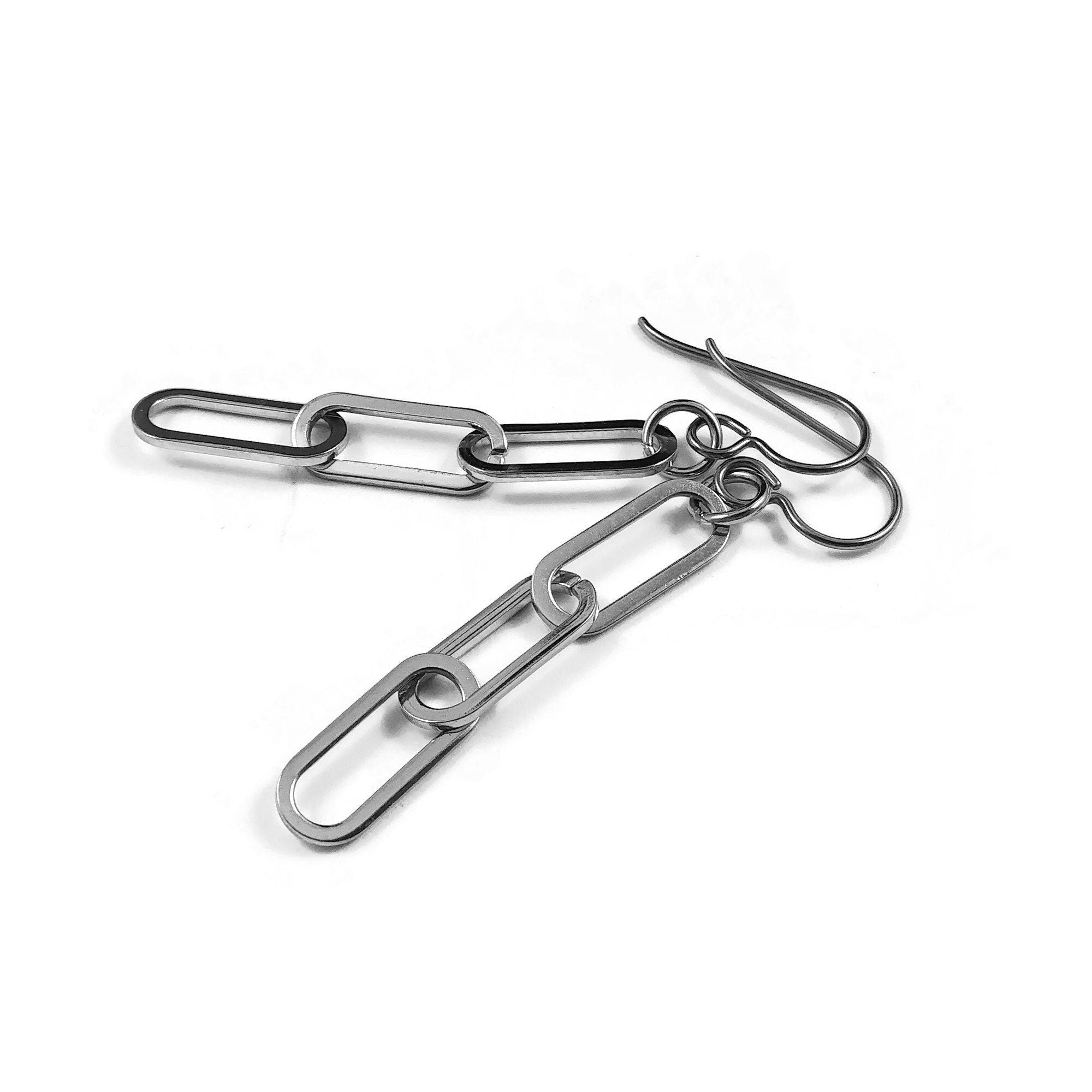 Paperclip chain dangle earrings - Pure titanium and stainless steel jewelry - Minimalist silver cable link earrings