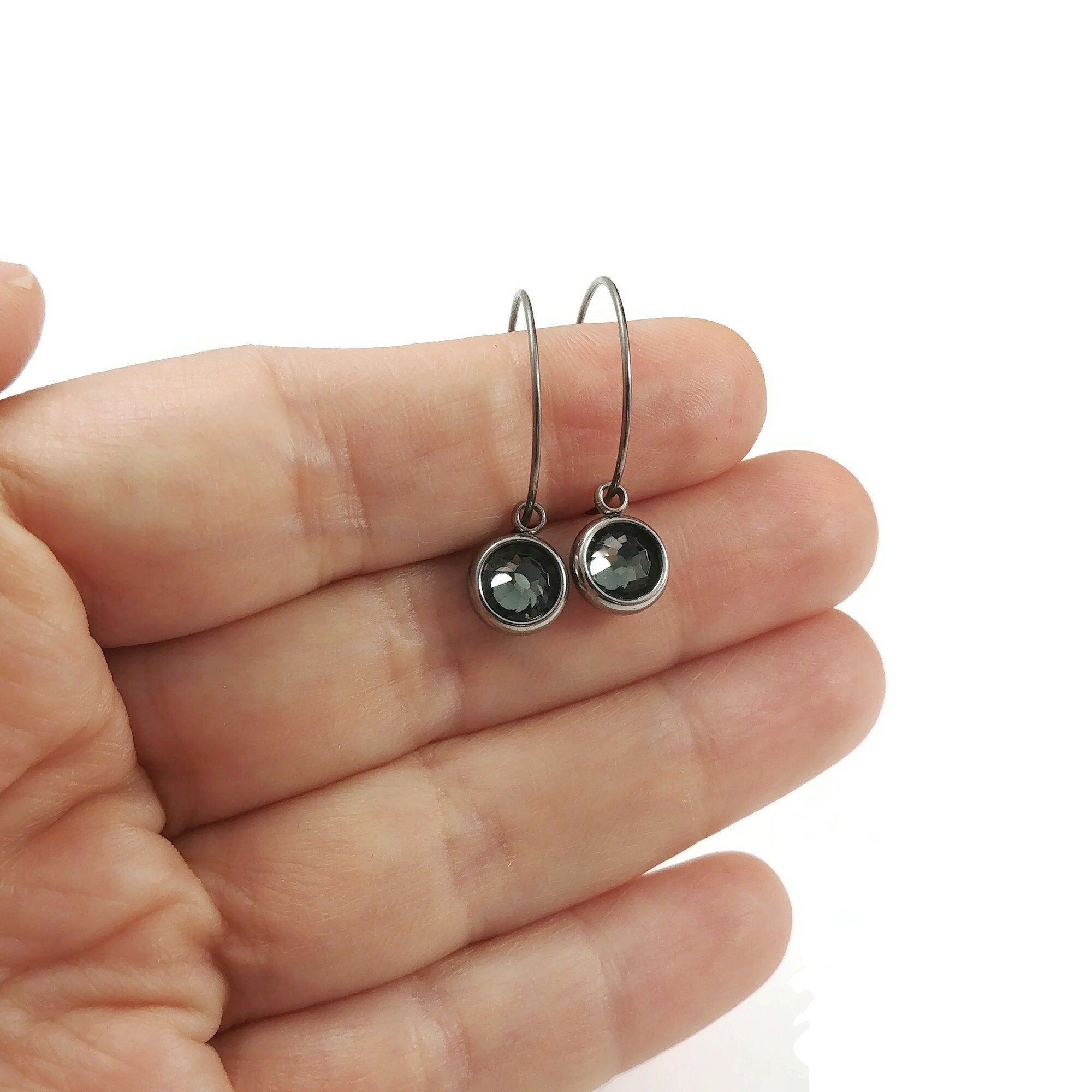 Grey crystal titanium hoop earrings, Hypoallergenic handmade jewelry, Black diamond charm earrings for sensitive ears