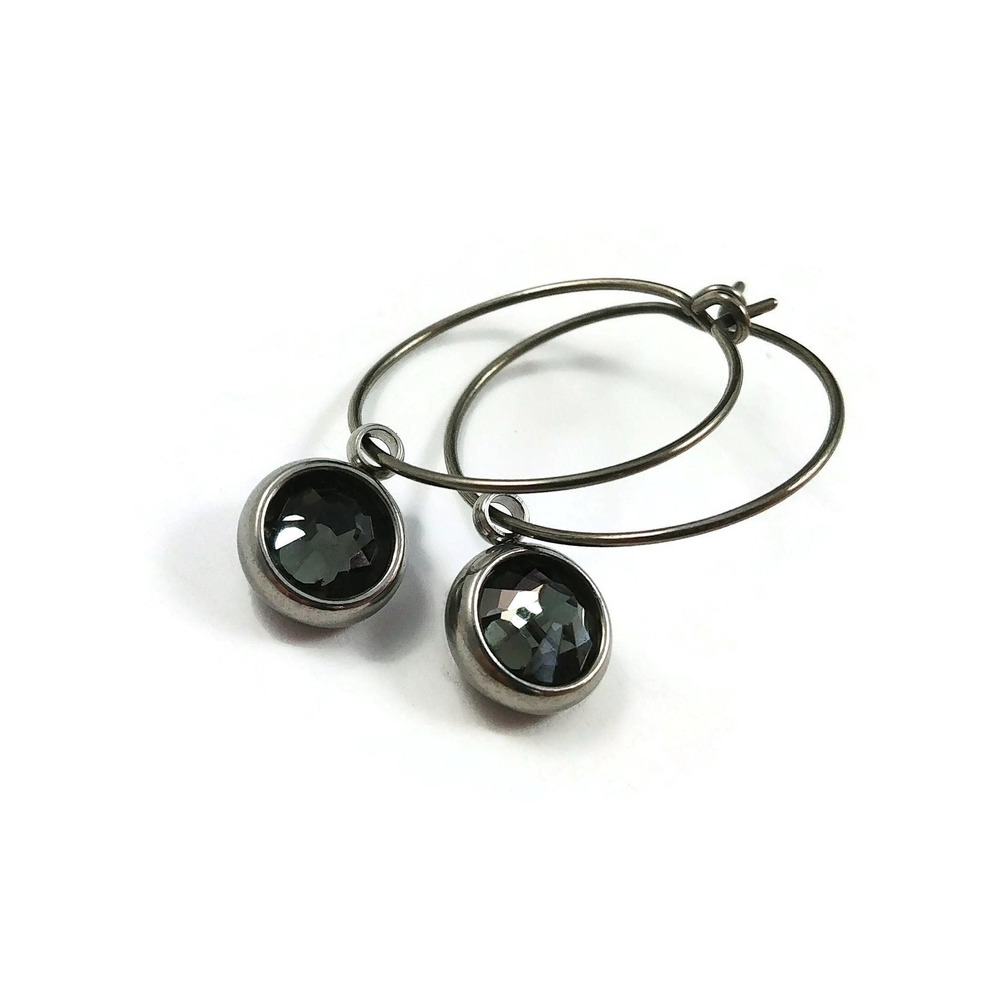 Grey crystal titanium hoop earrings, Hypoallergenic handmade jewelry, Black diamond charm earrings for sensitive ears