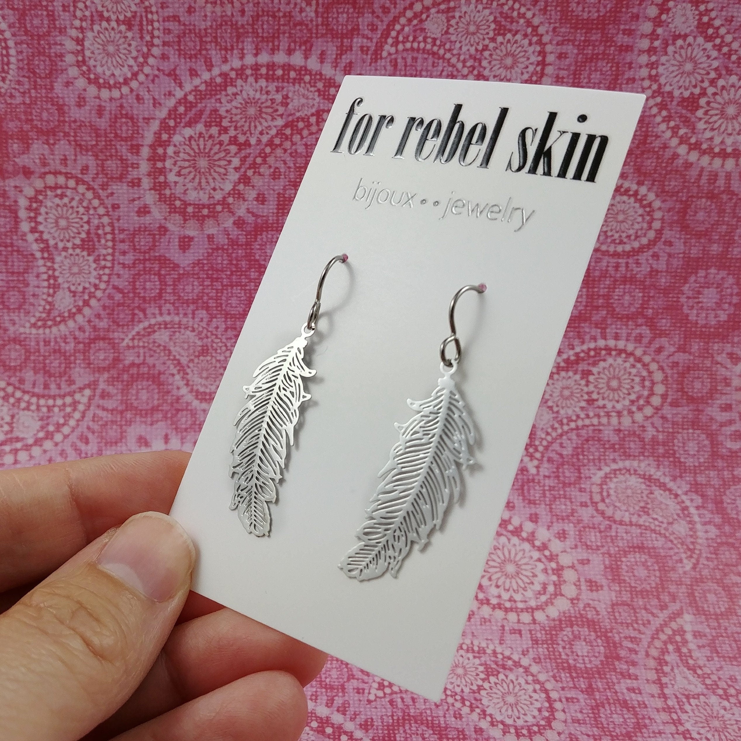 Silver feather pure titanium earrings, Hypoallergenic jewelry for sensitive ears, Tarnish free & waterproof