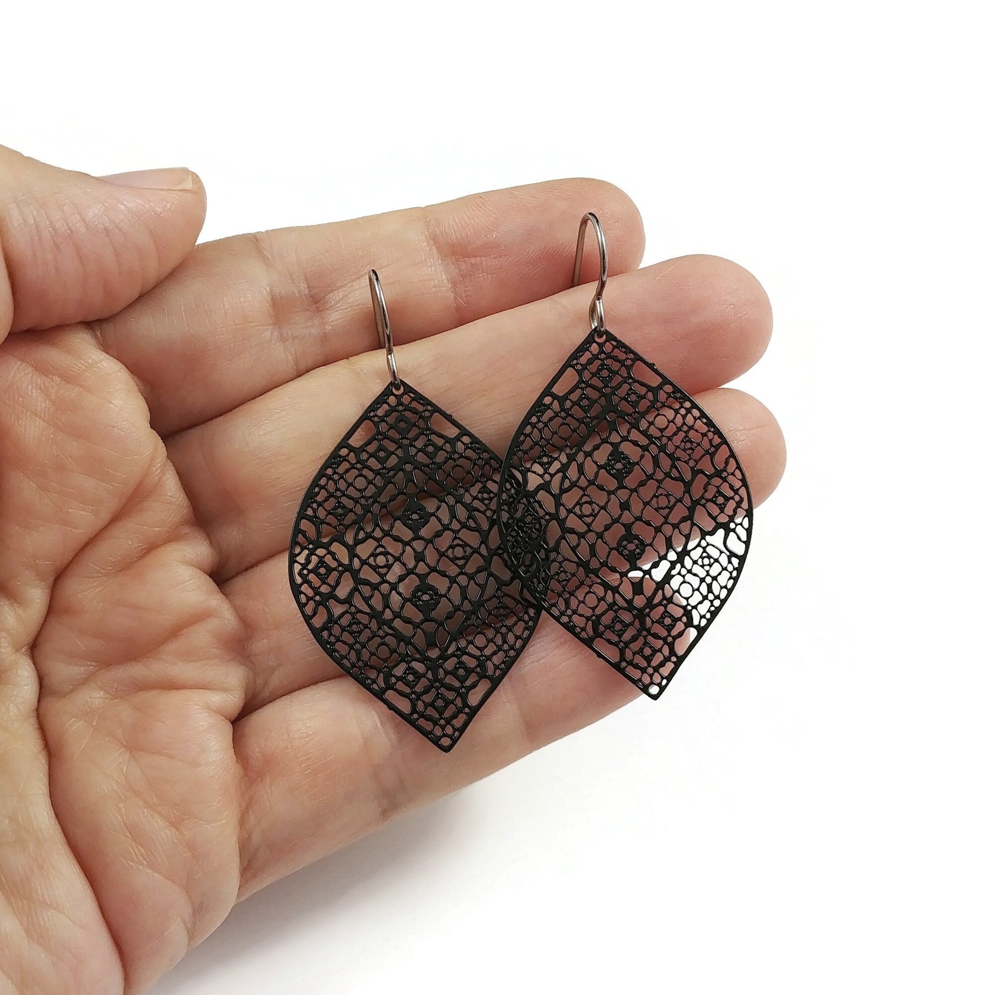 Black lace dangle earrings, Pure titanium and stainless steel jewelry, Lightweight everyday filigree earrings