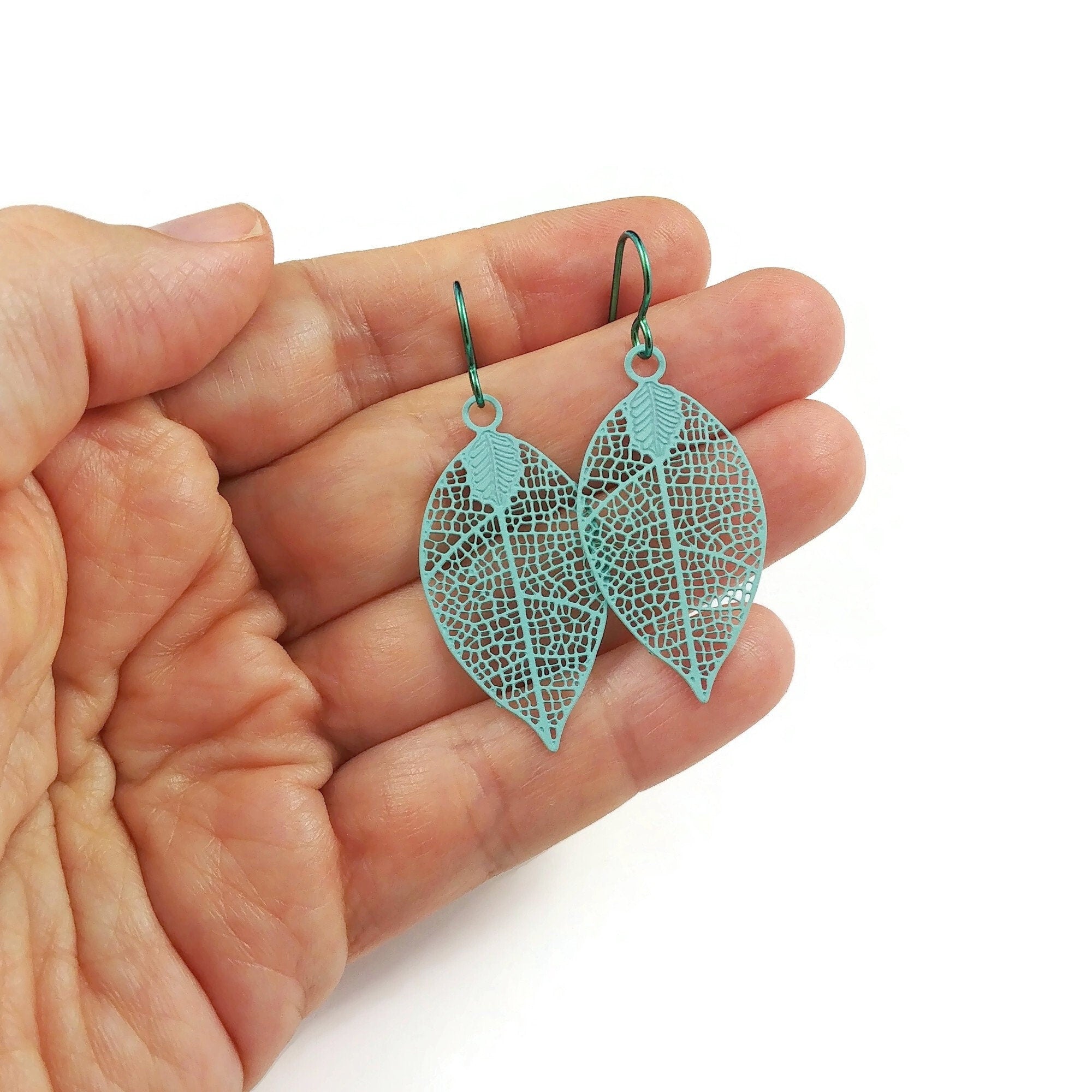 Aqua leaf niobium earrings, Hypoallergenic dangle earrings, Lightweight filigree jewelry for sensitive ears