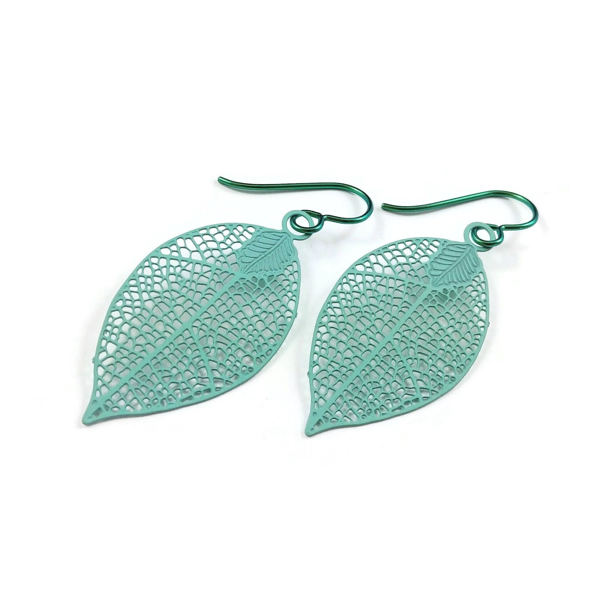 Aqua leaf niobium earrings, Hypoallergenic dangle earrings, Lightweight filigree jewelry for sensitive ears