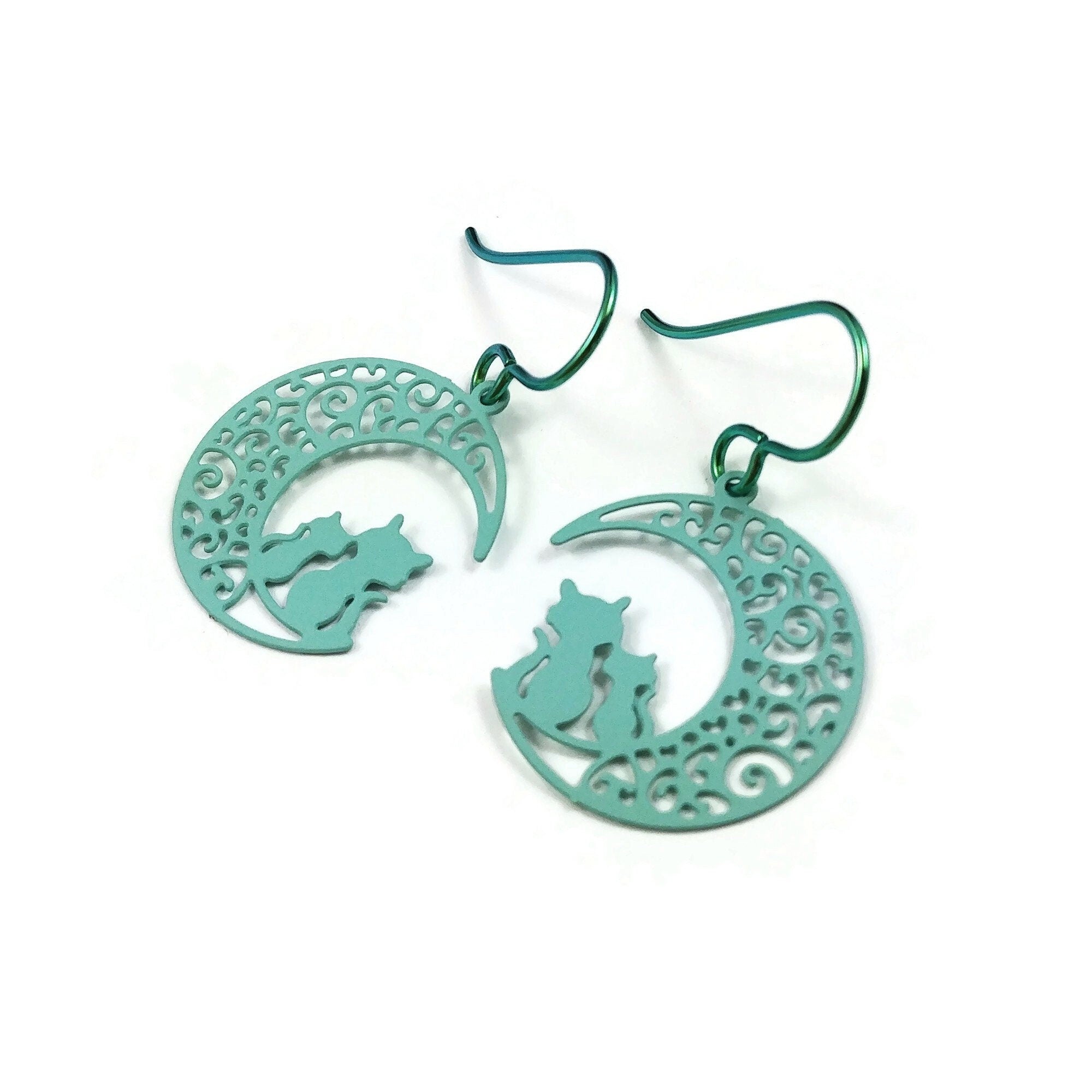 Cats and moon earrings, Aqua pure niobium earrings, Celestial dangle earrings, Cute gift for her