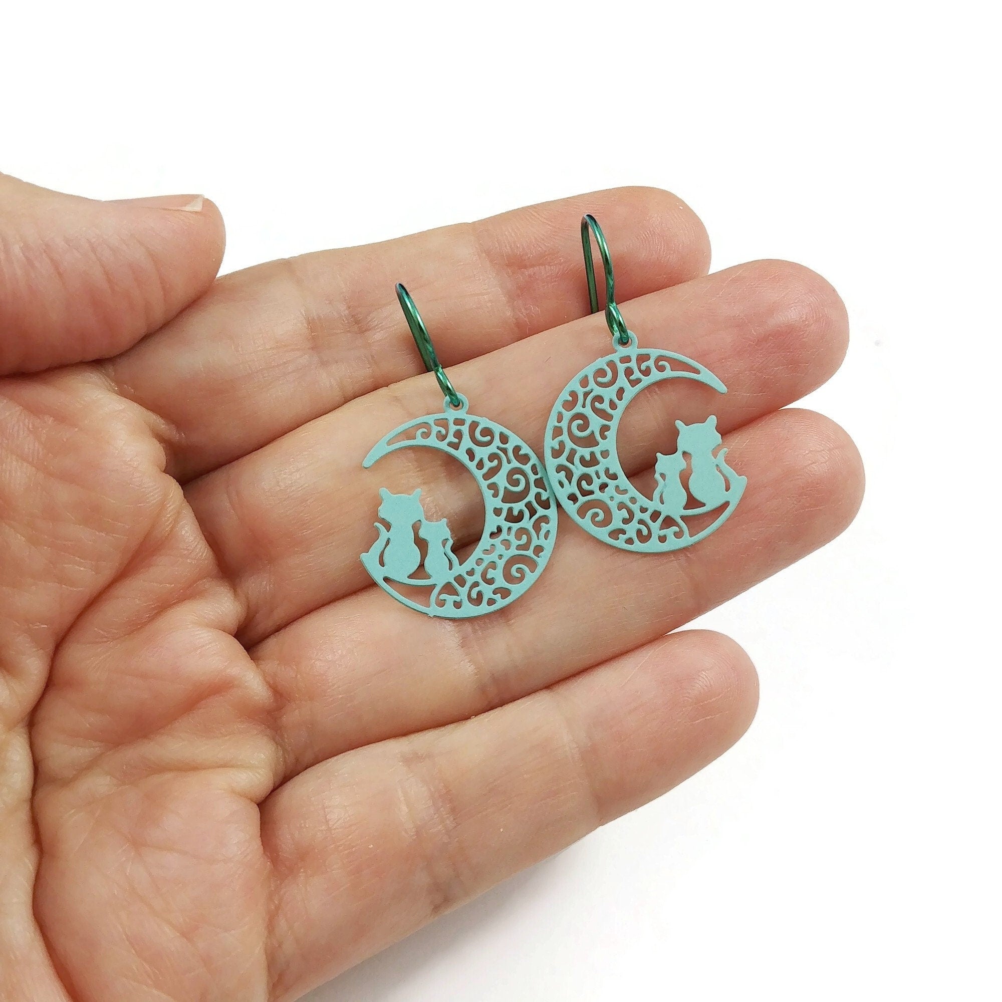 Cats and moon earrings, Aqua pure niobium earrings, Celestial dangle earrings, Cute gift for her