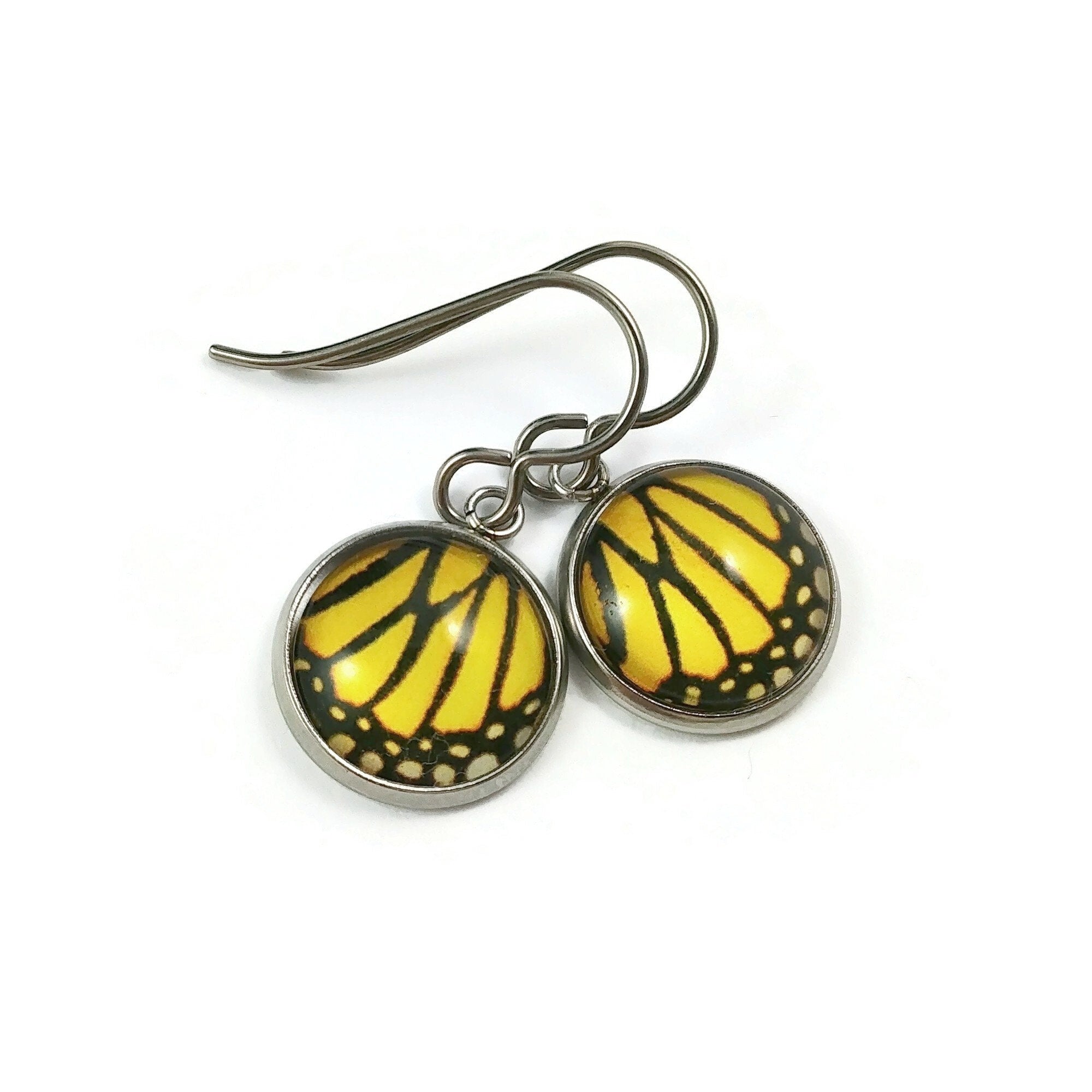 Butterfly wing earrings, Hypoallergenic pure titanium jewelry, Small dangle earrings