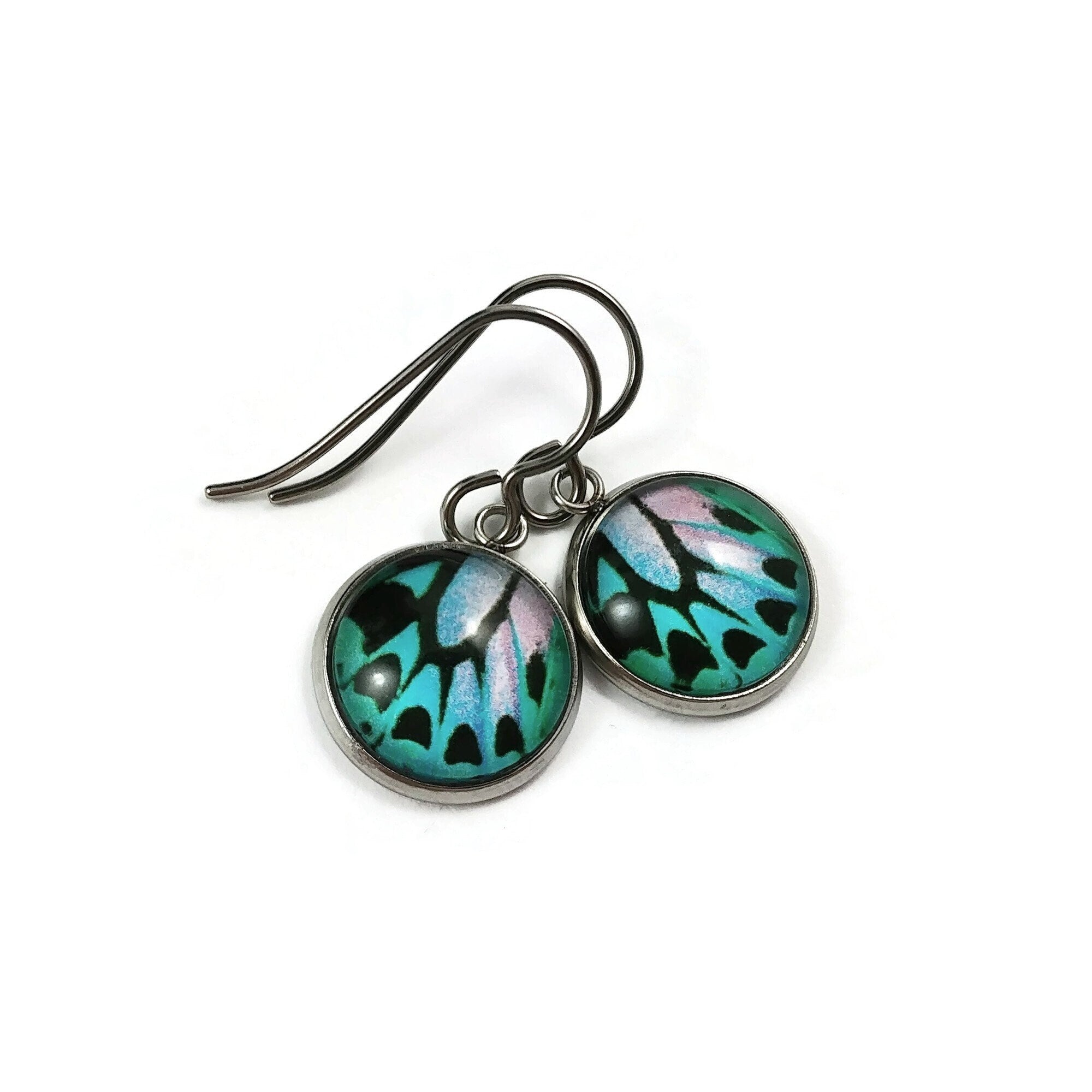 Butterfly wing earrings, Hypoallergenic pure titanium jewelry, Small dangle earrings