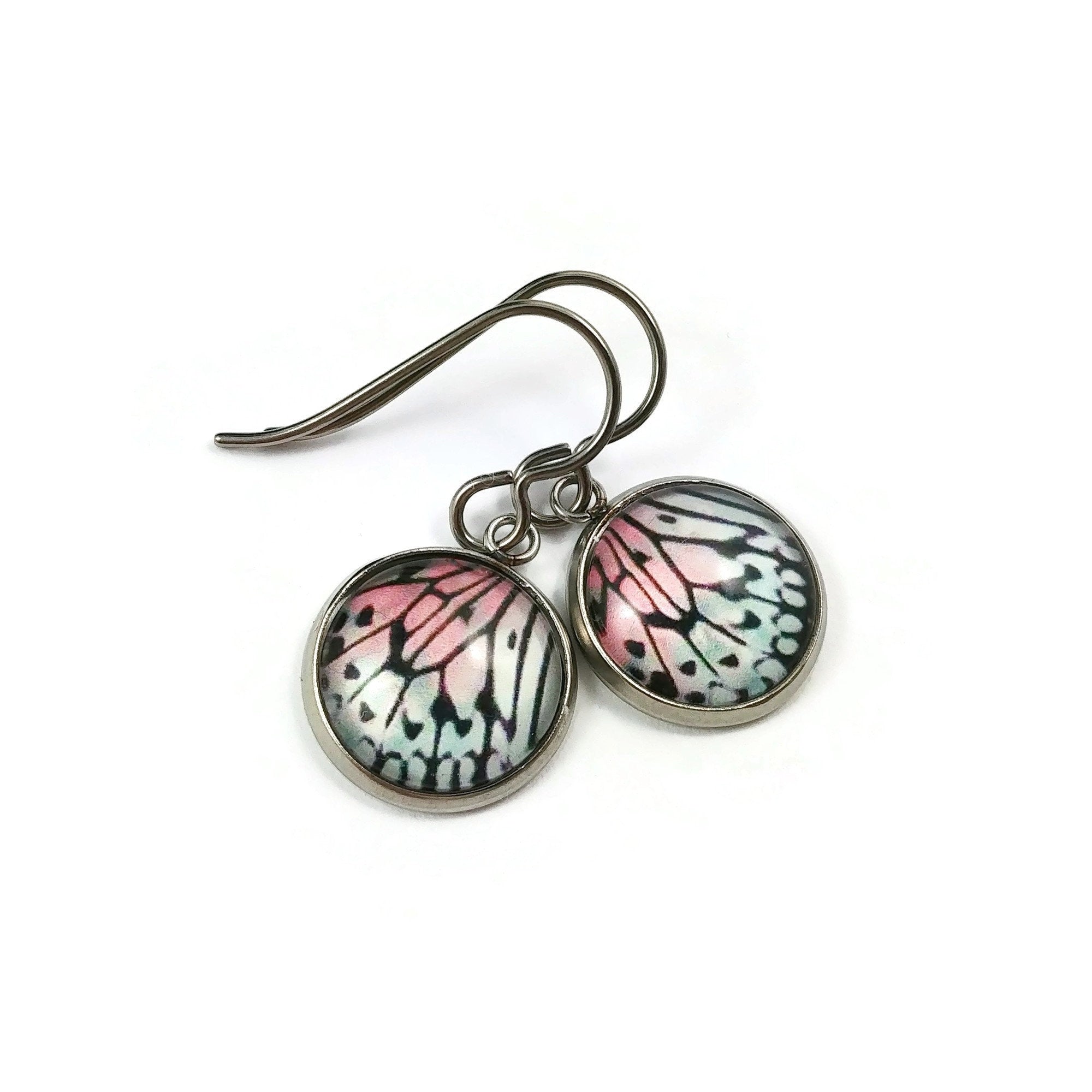 Butterfly wing earrings, Hypoallergenic pure titanium jewelry, Small dangle earrings