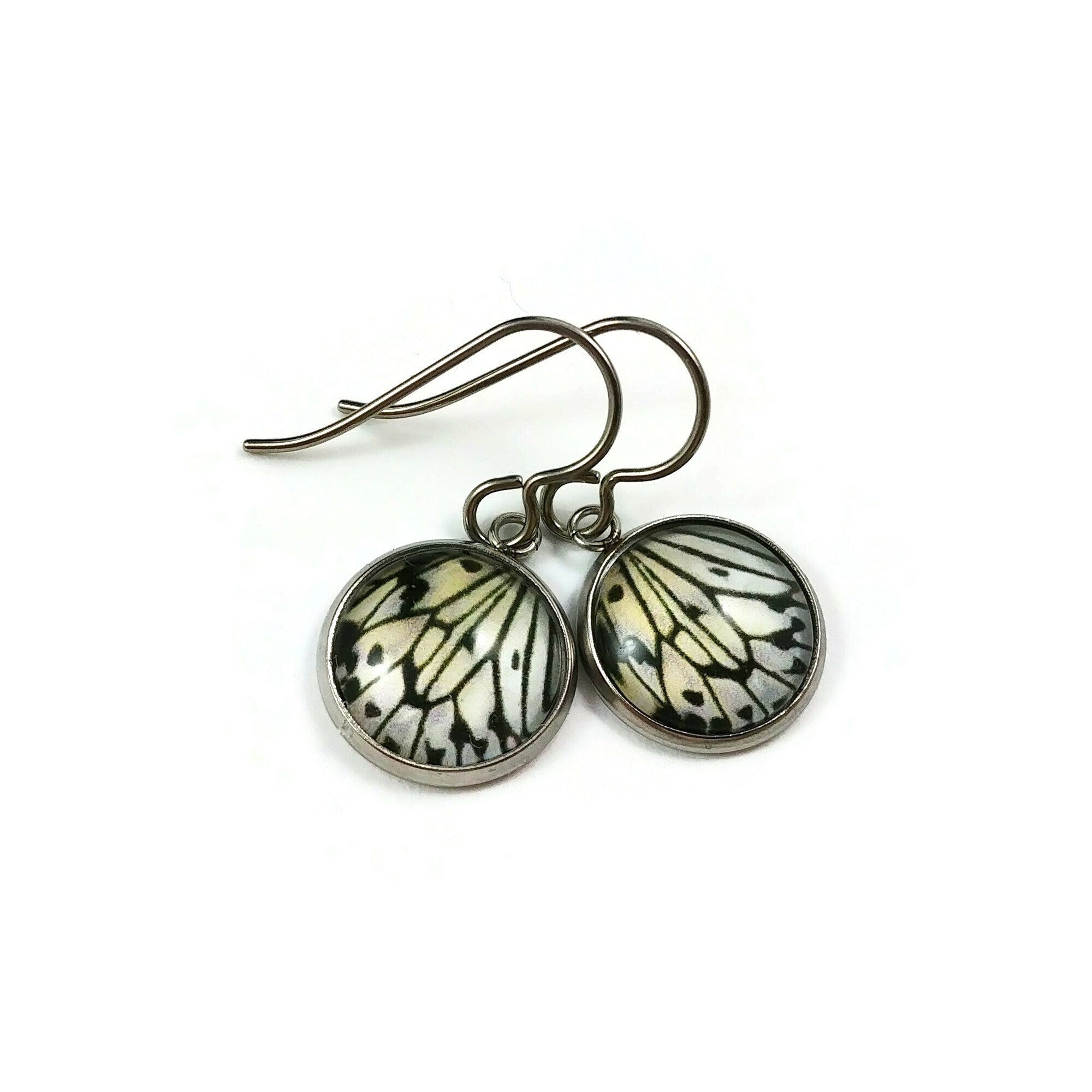 Butterfly wing earrings, Hypoallergenic pure titanium jewelry, Small dangle earrings