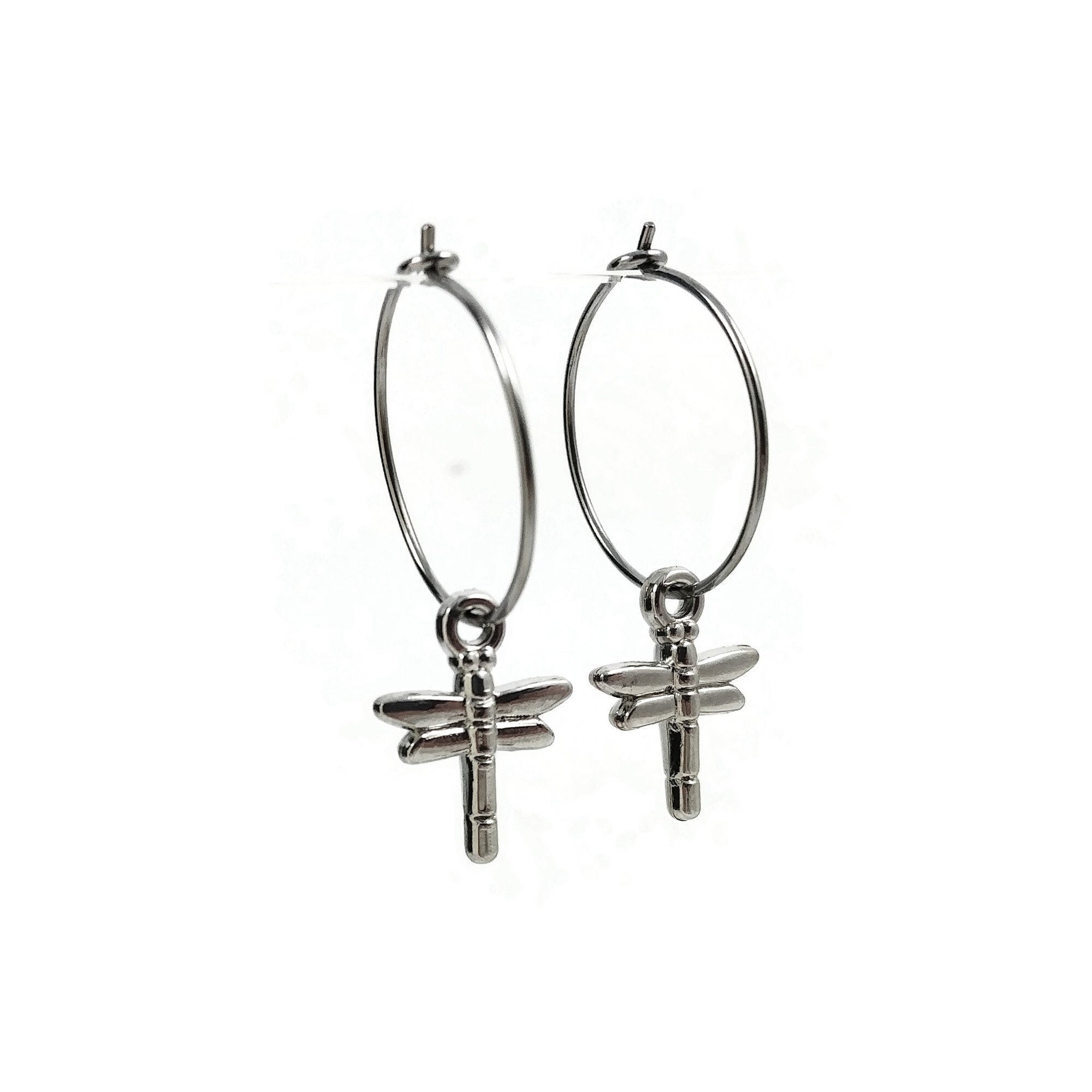 Dragonfly hoop earrings, Hypoallergenic implant grade titanium jewelry, Lightweight everyday charms earrings