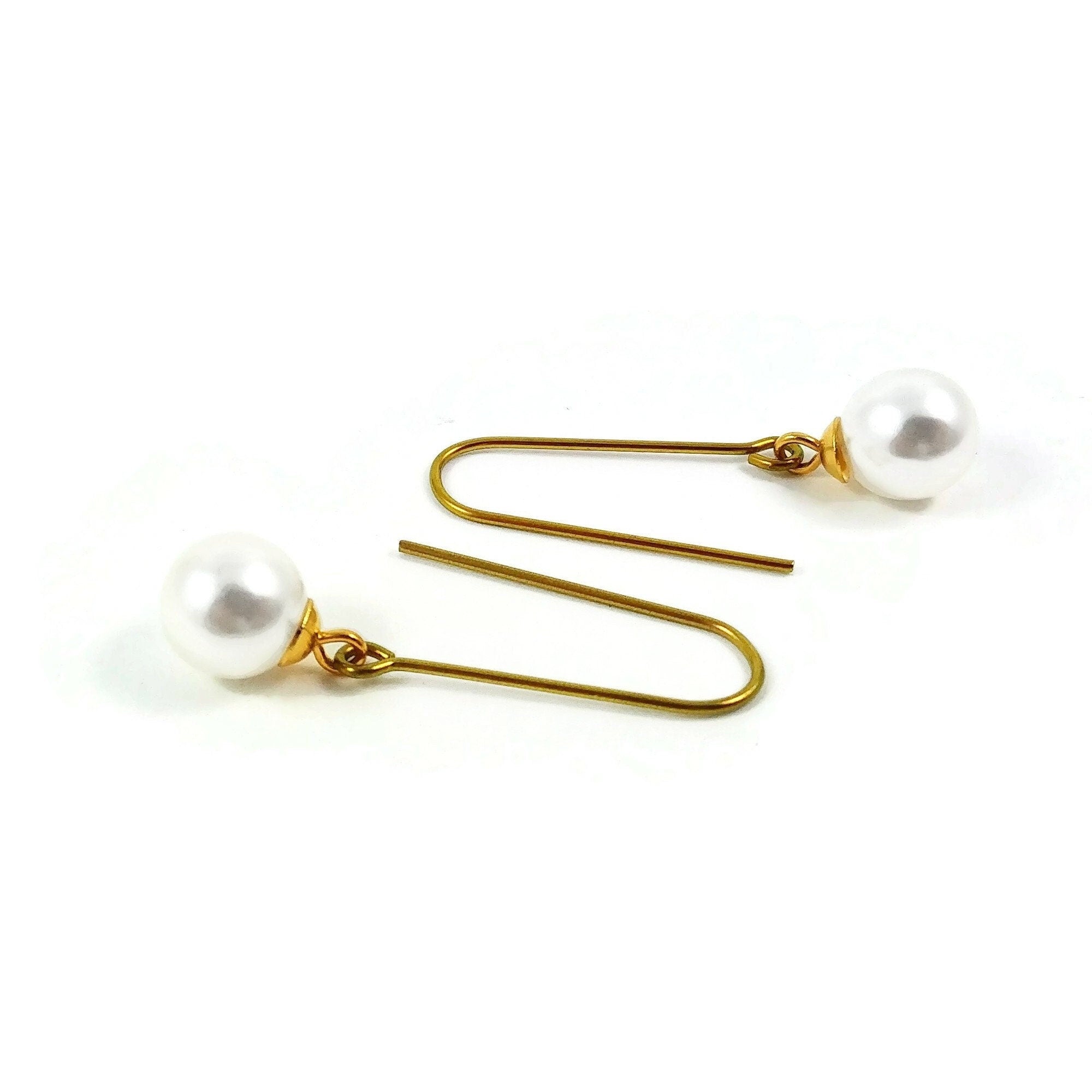 Minimalist pearl earrings, Hypoallergenic pure niobium jewelry, Gold dainty threader earrings