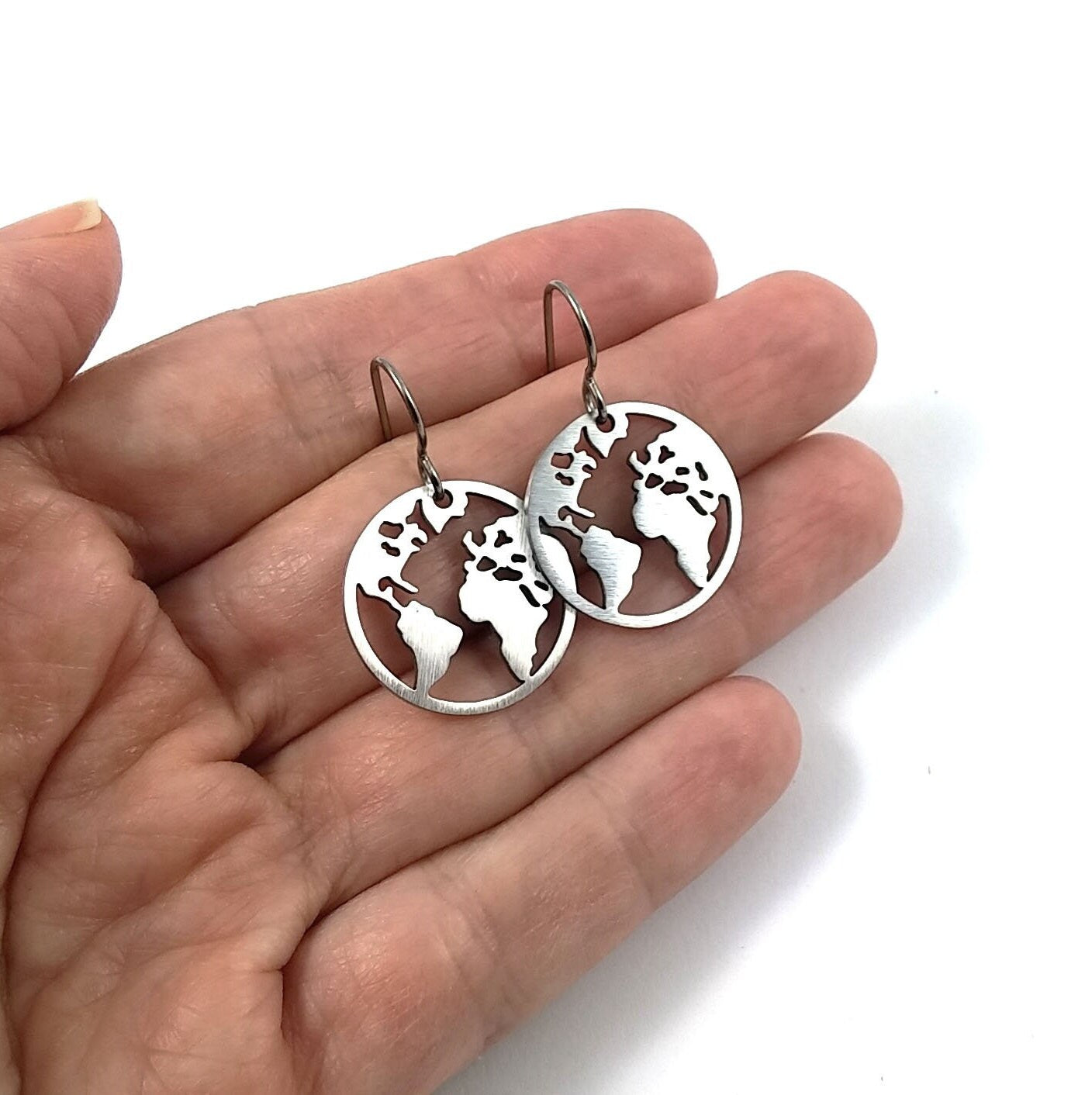 Silver world map dangle earrings, Hypoallergenic pure titanium and stainless steel, Travel gift jewelry