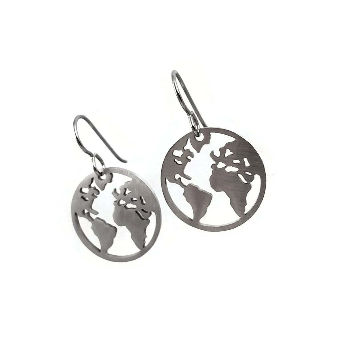 Silver world map dangle earrings, Hypoallergenic pure titanium and stainless steel, Travel gift jewelry