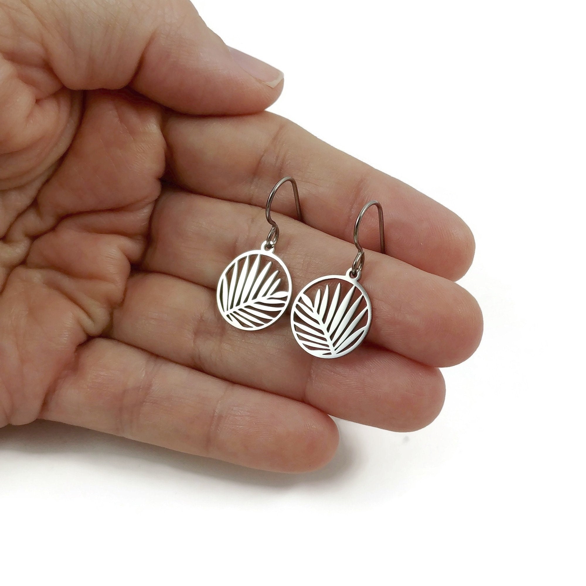 Titanium palm leaf drop earrings, Silver hypoallergenic jewelry, Pure implant grade for sensitive ears