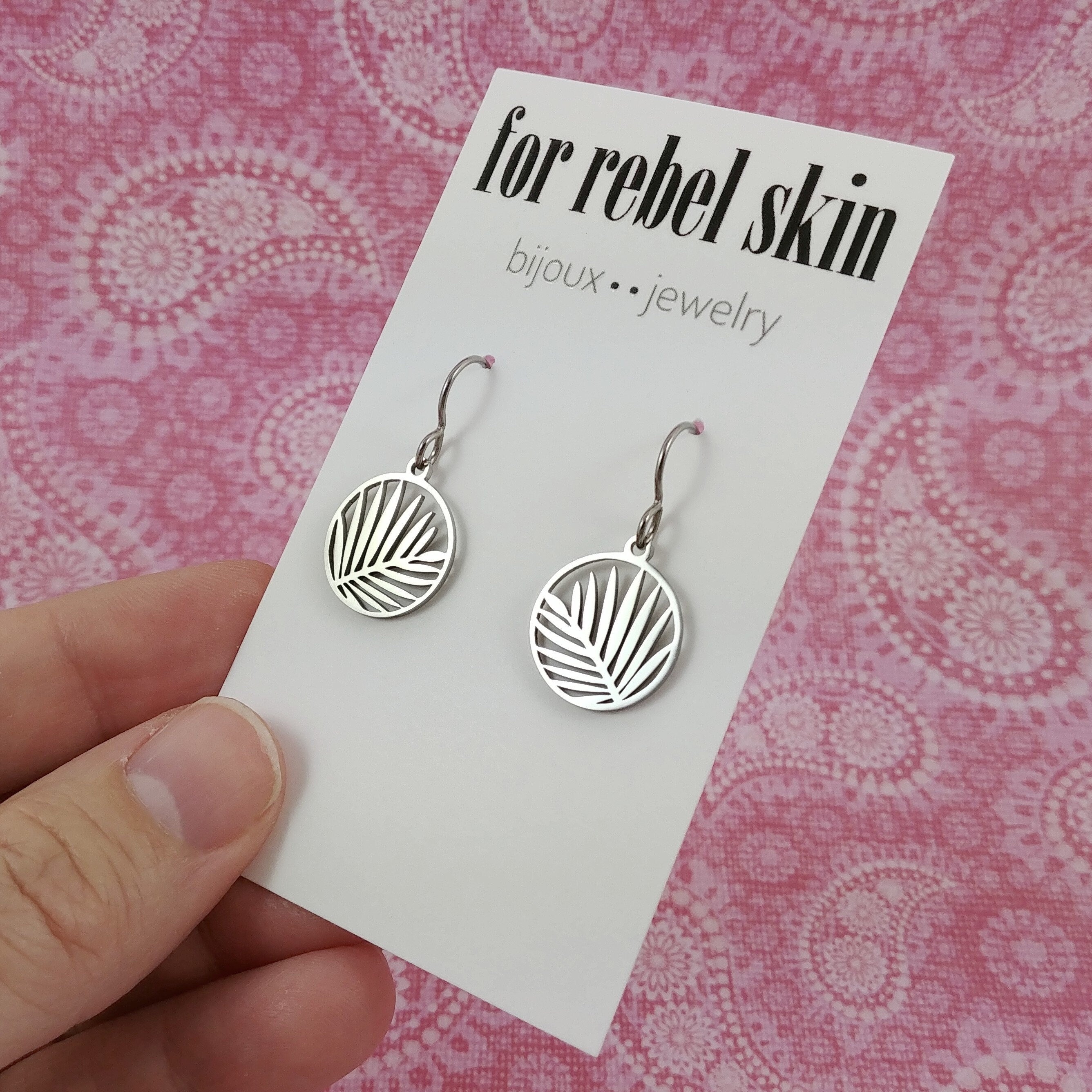 Titanium palm leaf drop earrings, Silver hypoallergenic jewelry, Pure implant grade for sensitive ears