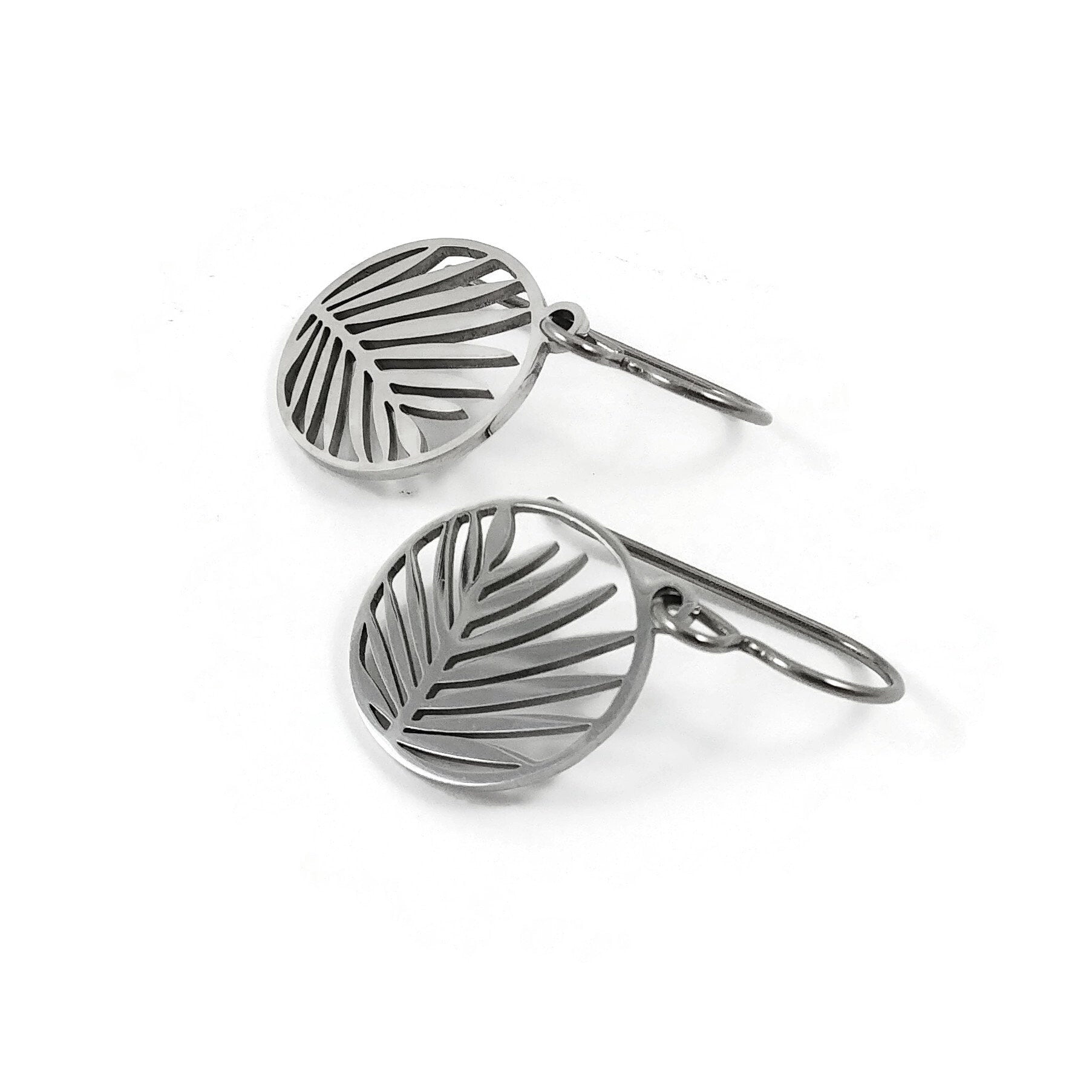 Titanium palm leaf drop earrings, Silver hypoallergenic jewelry, Pure implant grade for sensitive ears