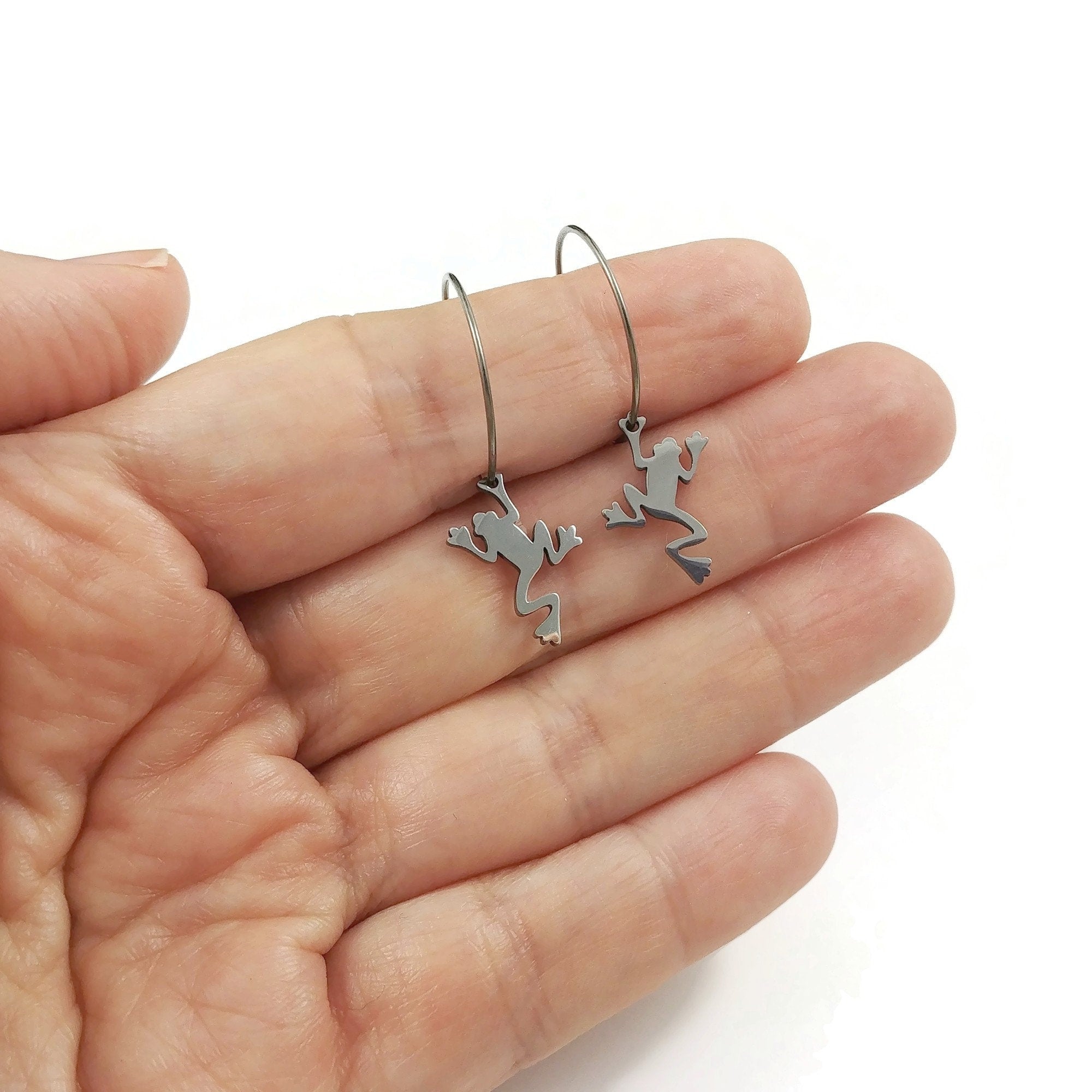 Dainty frog earrings, Pure implant grade titanium for sensitive ears, Fun handmade gift, Hoop earrings