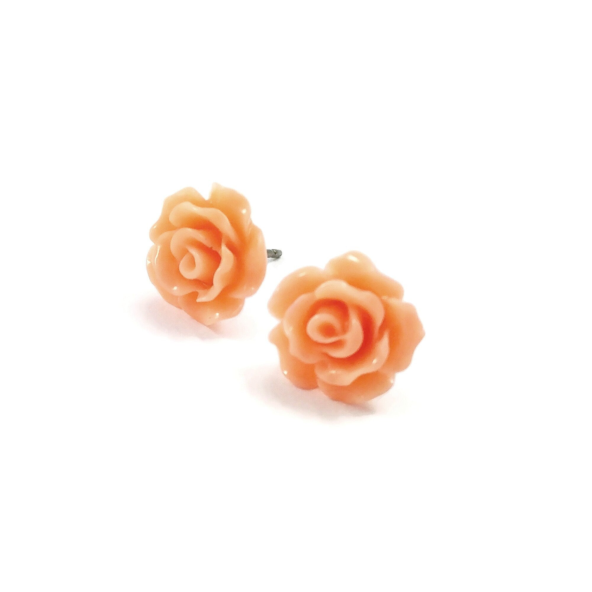 Coral flower earrings, Hypoallergenic bridesmaids titanium earrings, Vintage flower rose studs