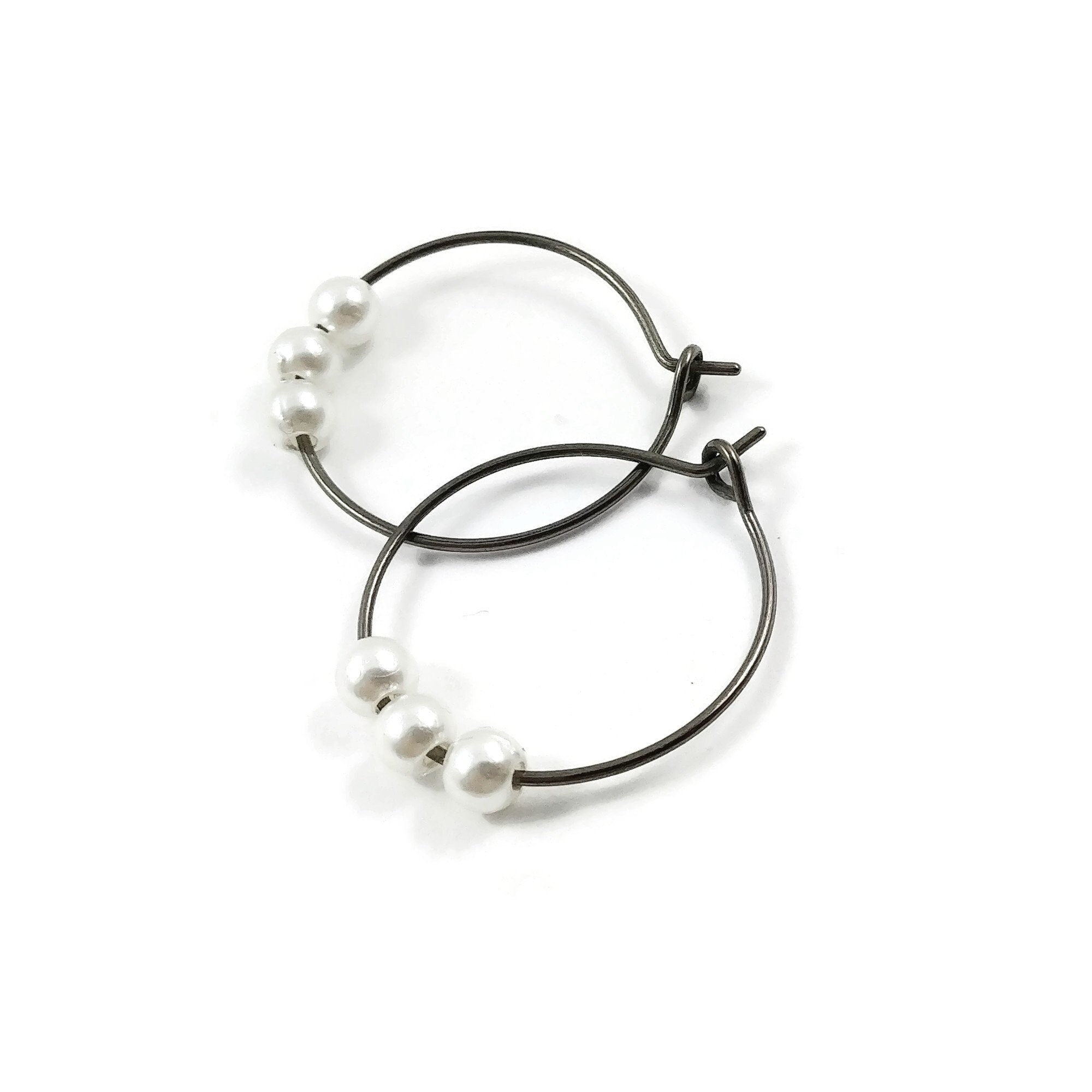 Pearl bead titanium hoop earrings, Hypoallergenic handmade jewelry, Lightweight earrings for sensitive ears