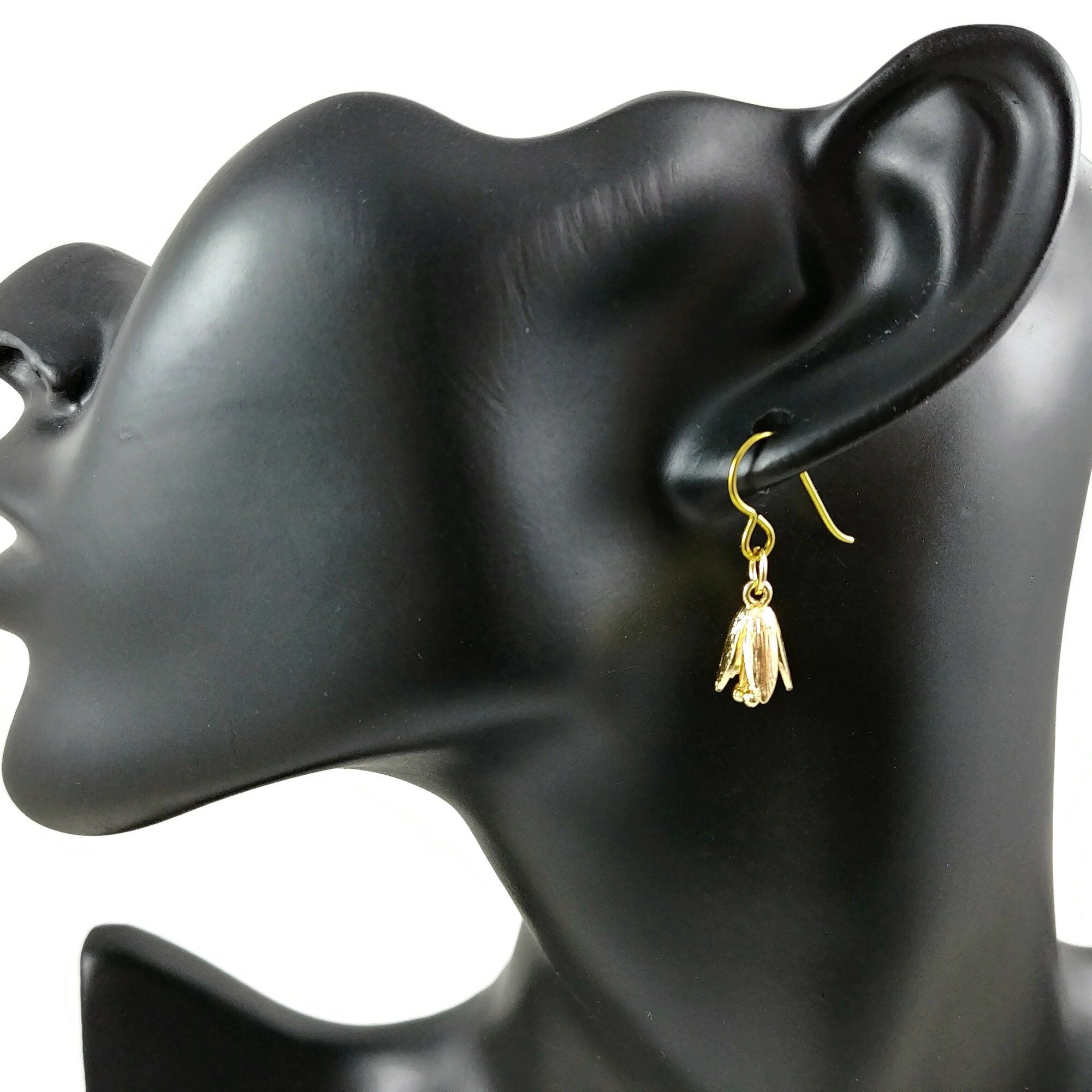 Gold plated bell flower drop earrings - Pure niobium hypoallergenic nickel free jewelry