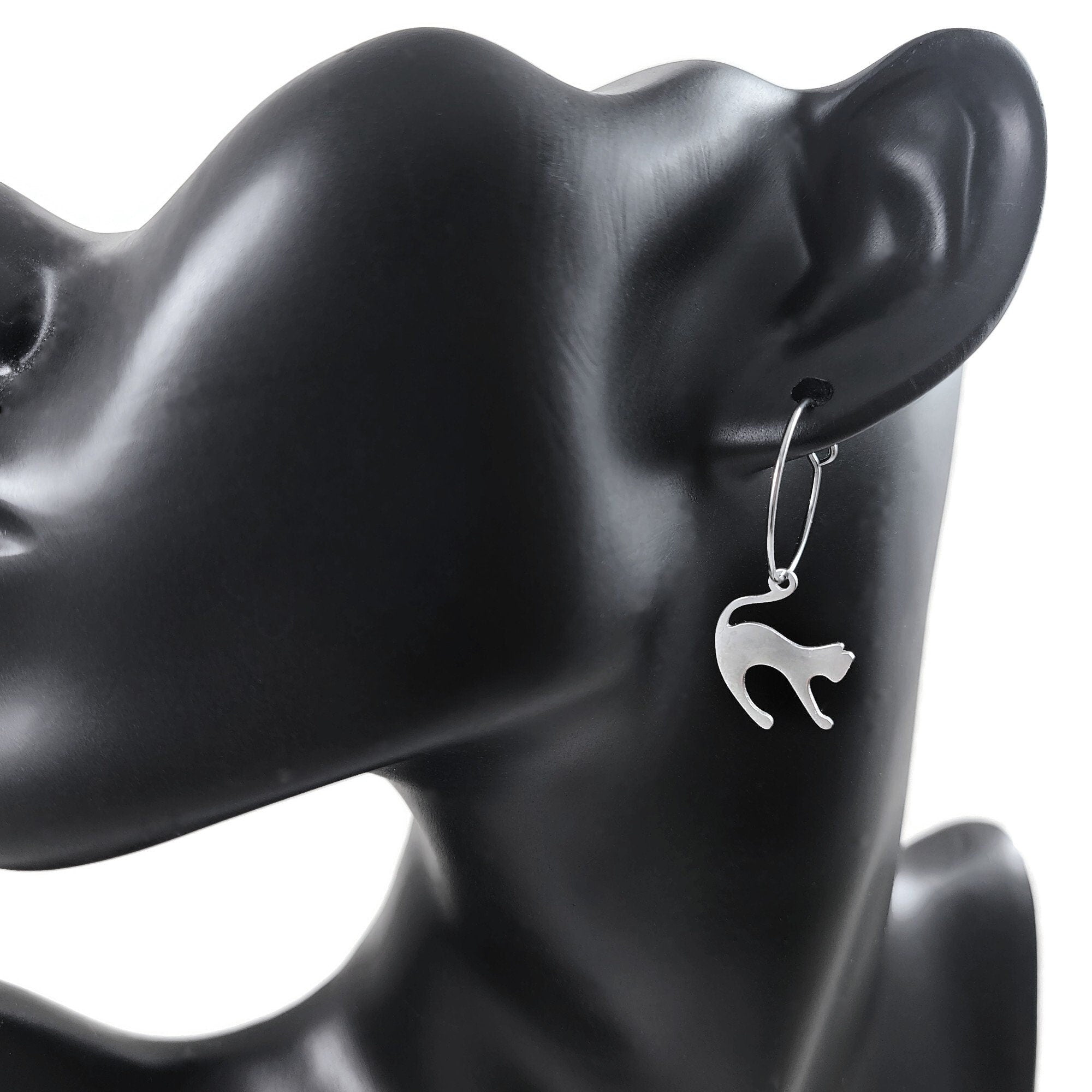 Fun cat hoop earrings, Implant grade pure titanium jewelry for sensitive ears, Tarnish free