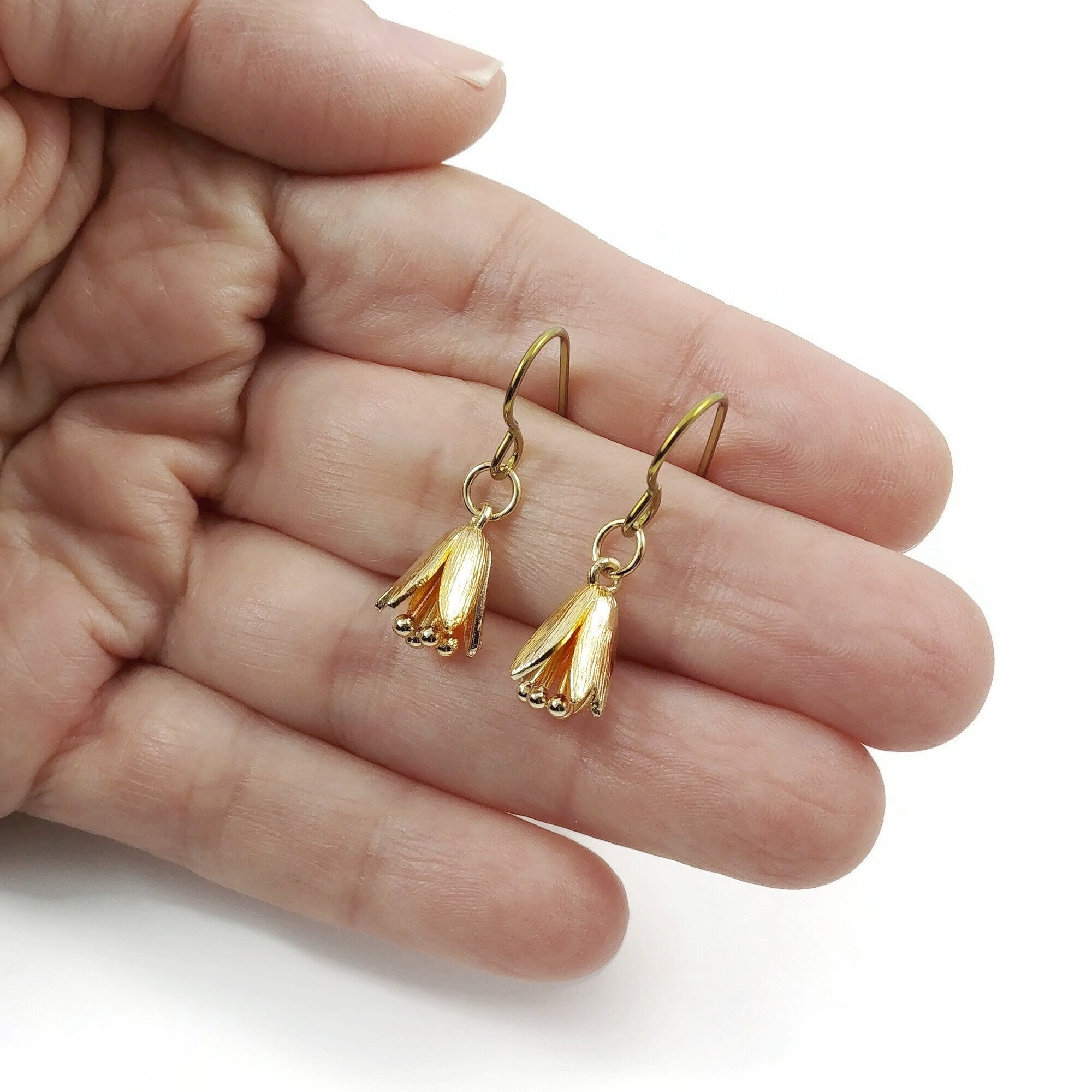 Gold plated bell flower drop earrings - Pure niobium hypoallergenic nickel free jewelry