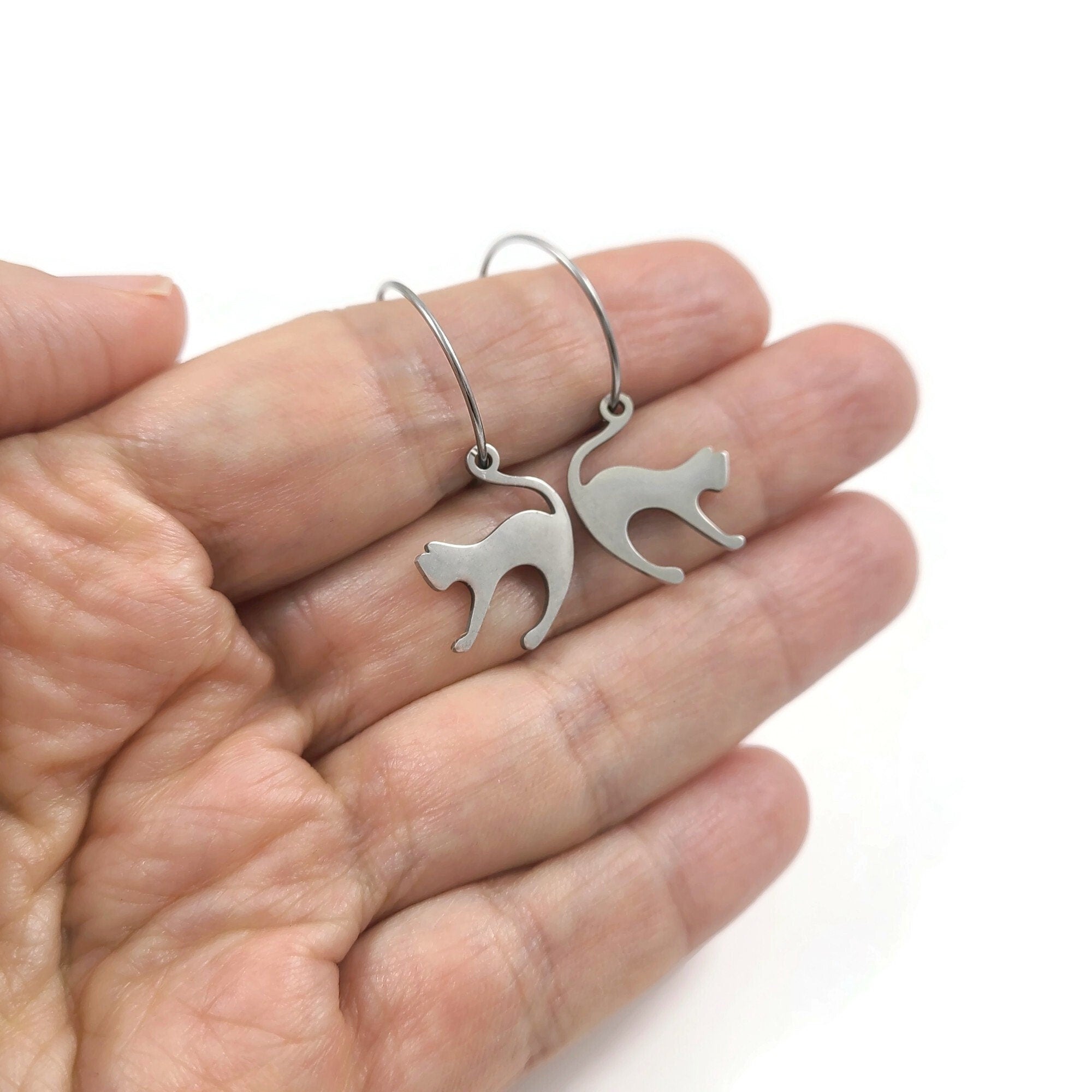 Fun cat hoop earrings, Implant grade pure titanium jewelry for sensitive ears, Tarnish free