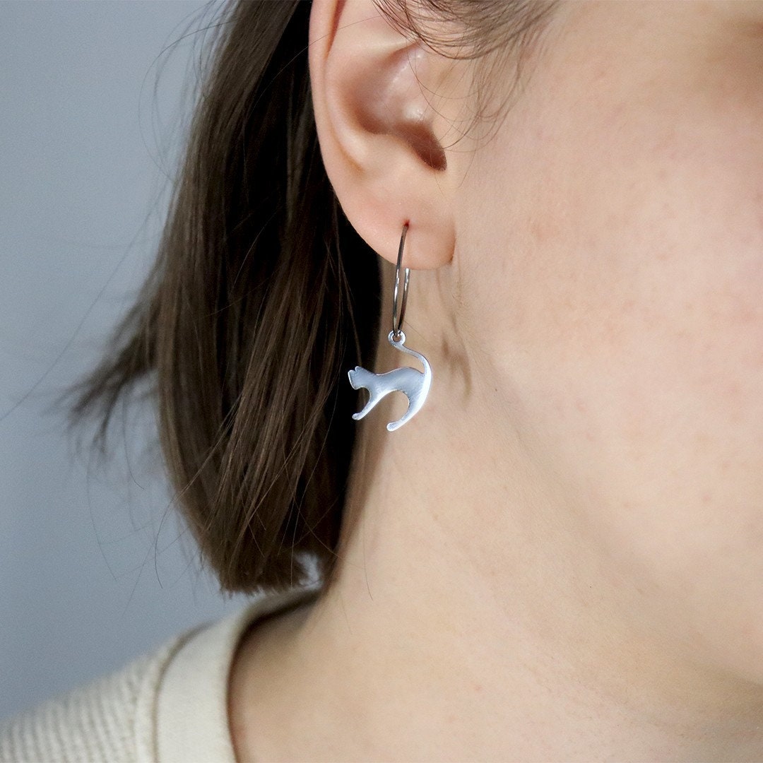 Fun cat hoop earrings, Implant grade pure titanium jewelry for sensitive ears, Tarnish free