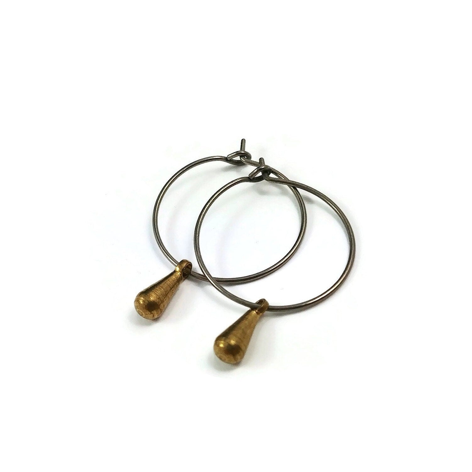 Titanium hoops with teardrop charms, Hypoallergenic jewelry, Lightweight earrings for sensitive ears