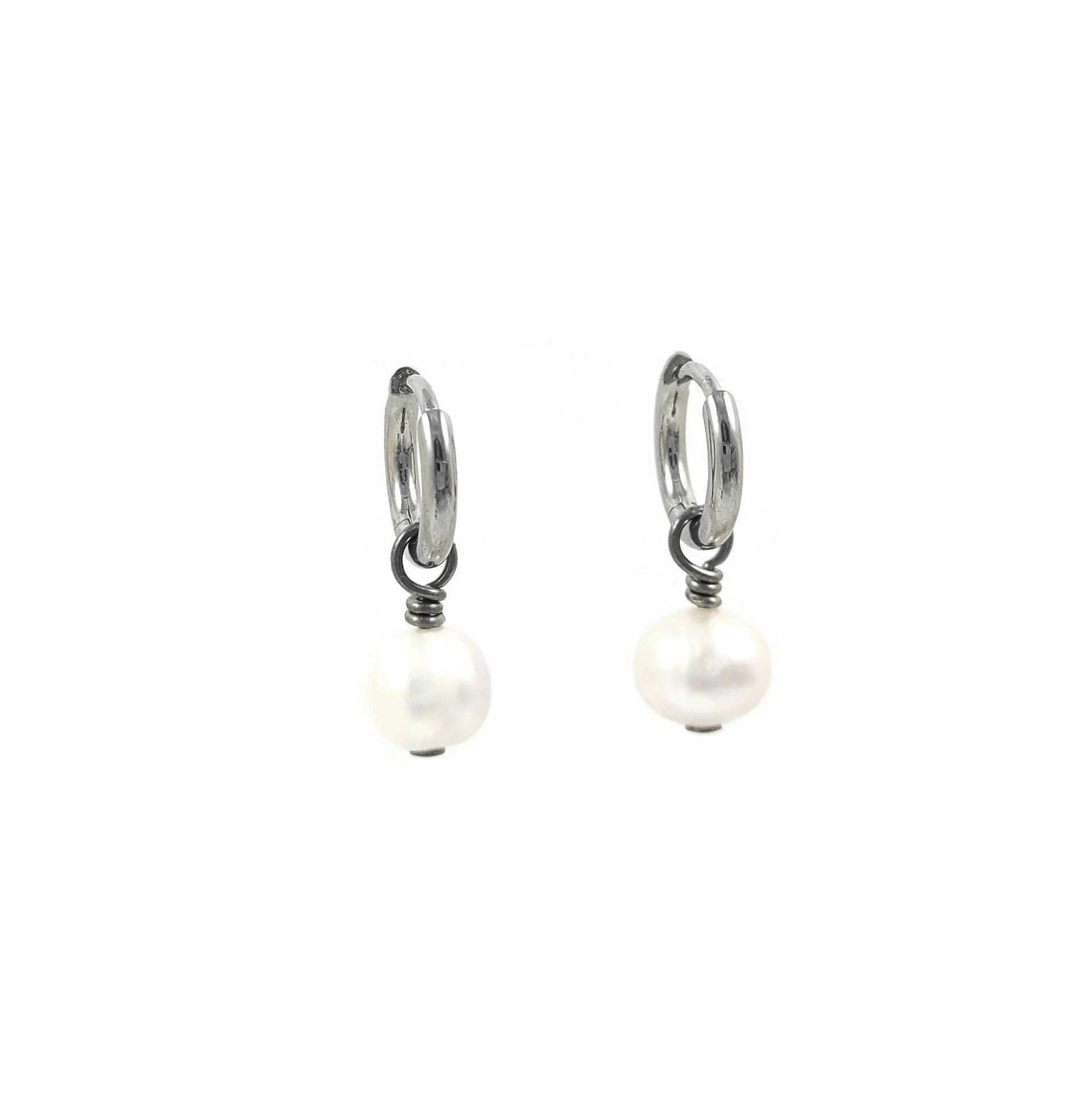 Drop pearl hoop earrings, Implant grade pure titanium jewelry for sensitive ears, Tarnish free