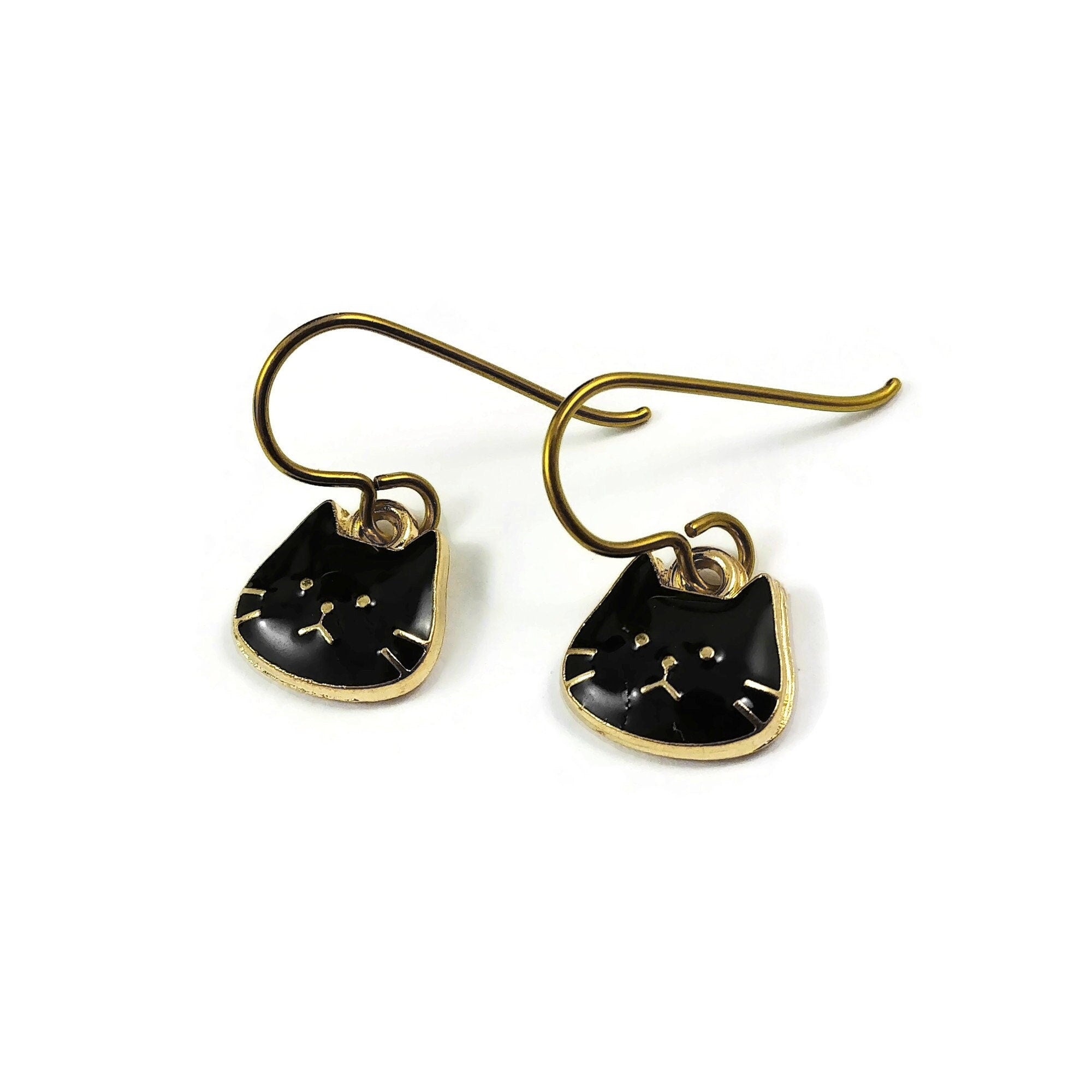 Dainty black cat earrings, Pure niobium dangle earrings, Hypoallergenic gold earrings, Fun gift for her