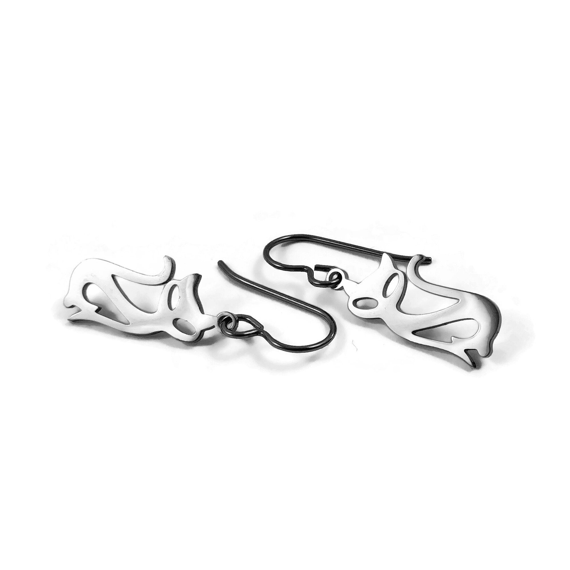 Cat dangle earrings, Implant grade pure titanium, Hypoallergenic silver earrings, Fun gift for her