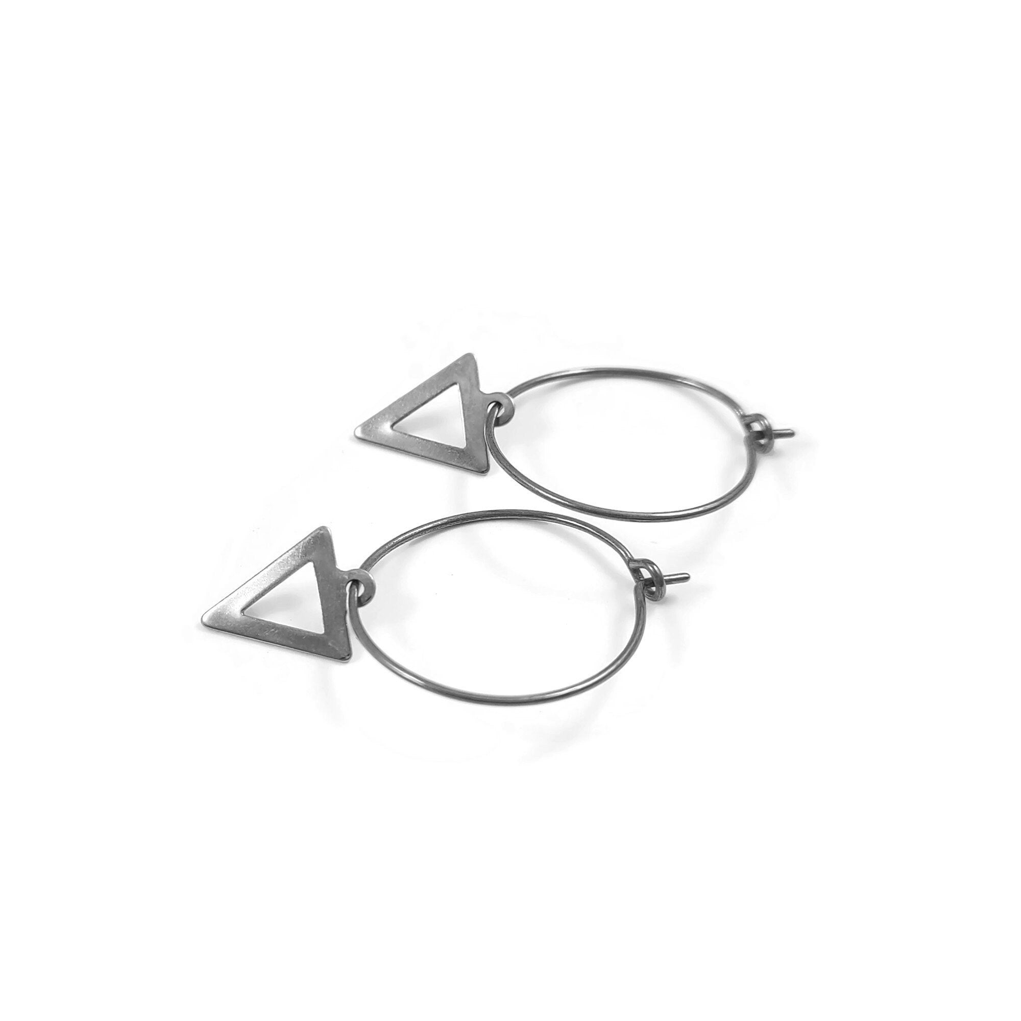 Triangle hoop earrings, Pure implant grade titanium for sensitive ears, Minimalist geometric earrings