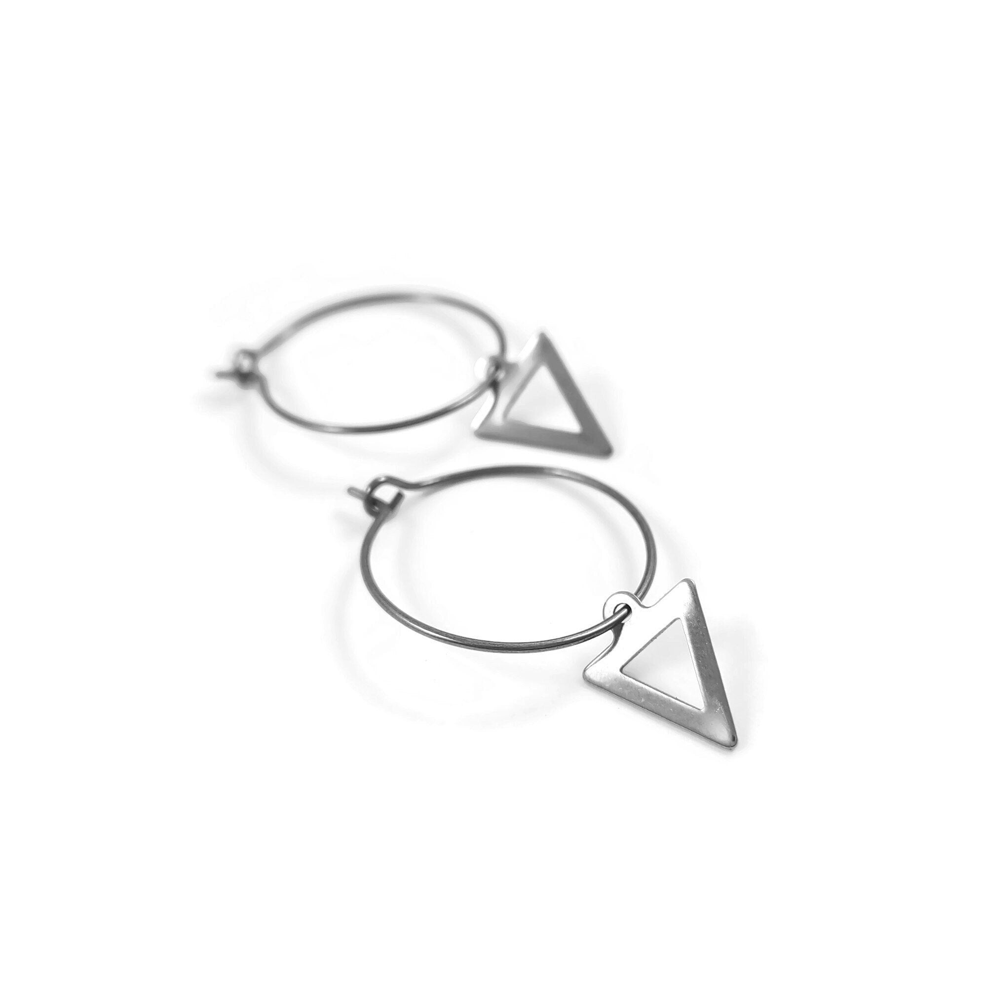 Triangle hoop earrings, Pure implant grade titanium for sensitive ears, Minimalist geometric earrings