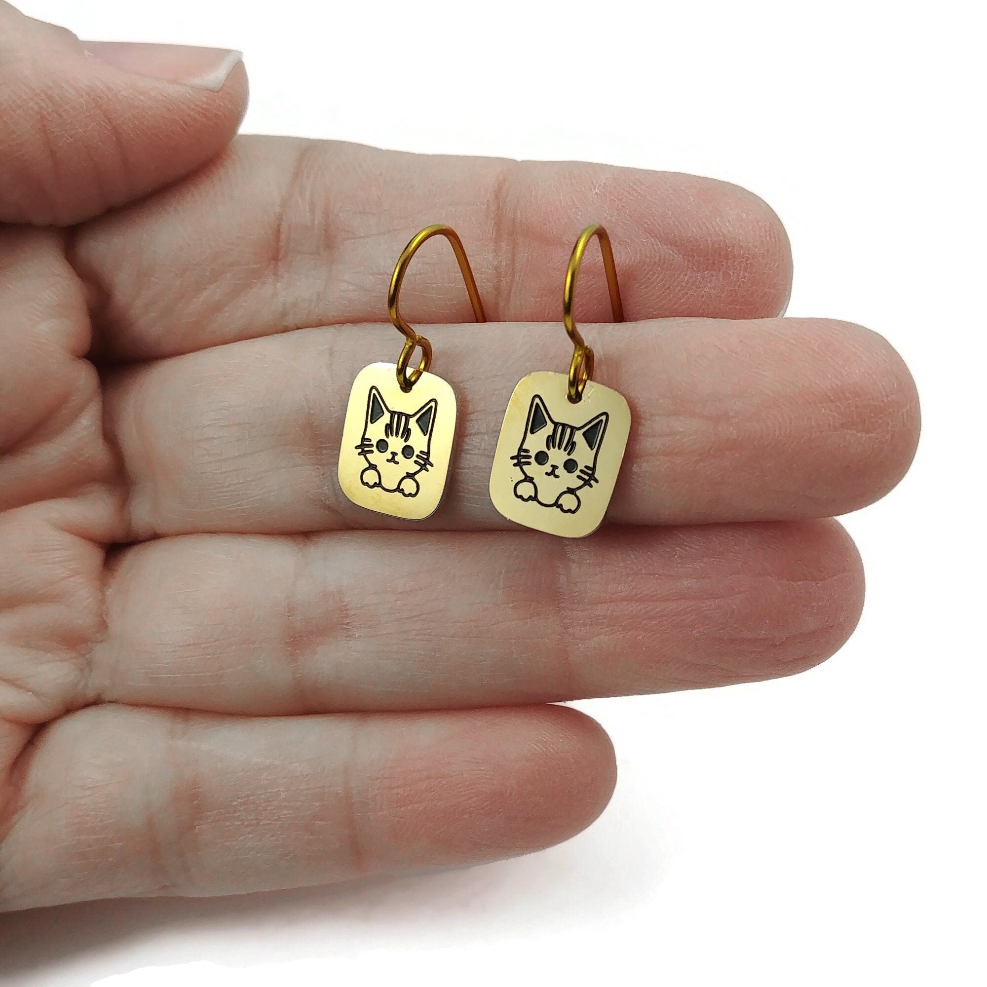 Dainty gold cat earrings, Pure niobium dangle earrings, Hypoallergenic jewelry, Fun gift for her