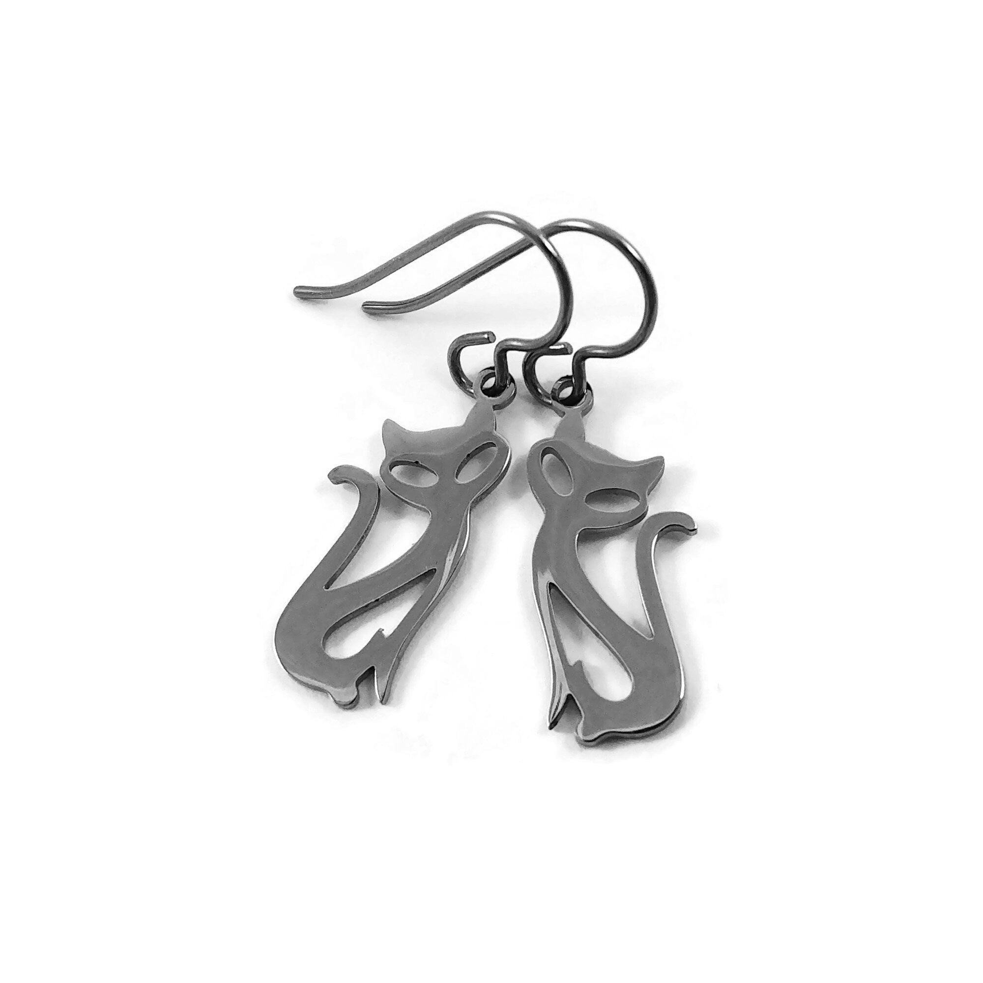 Cat dangle earrings, Implant grade pure titanium, Hypoallergenic silver earrings, Fun gift for her