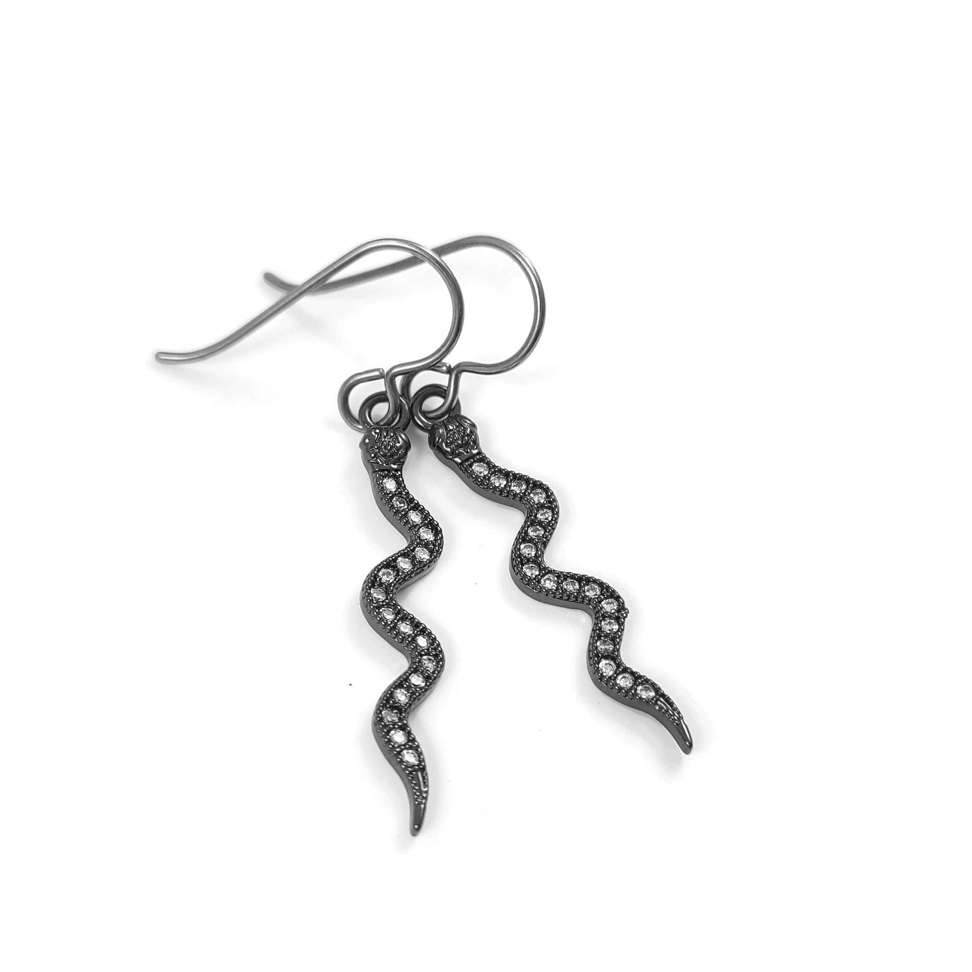 Dangle snake earrings, Black snake earrings, Implant grade titanium for sensitive ears