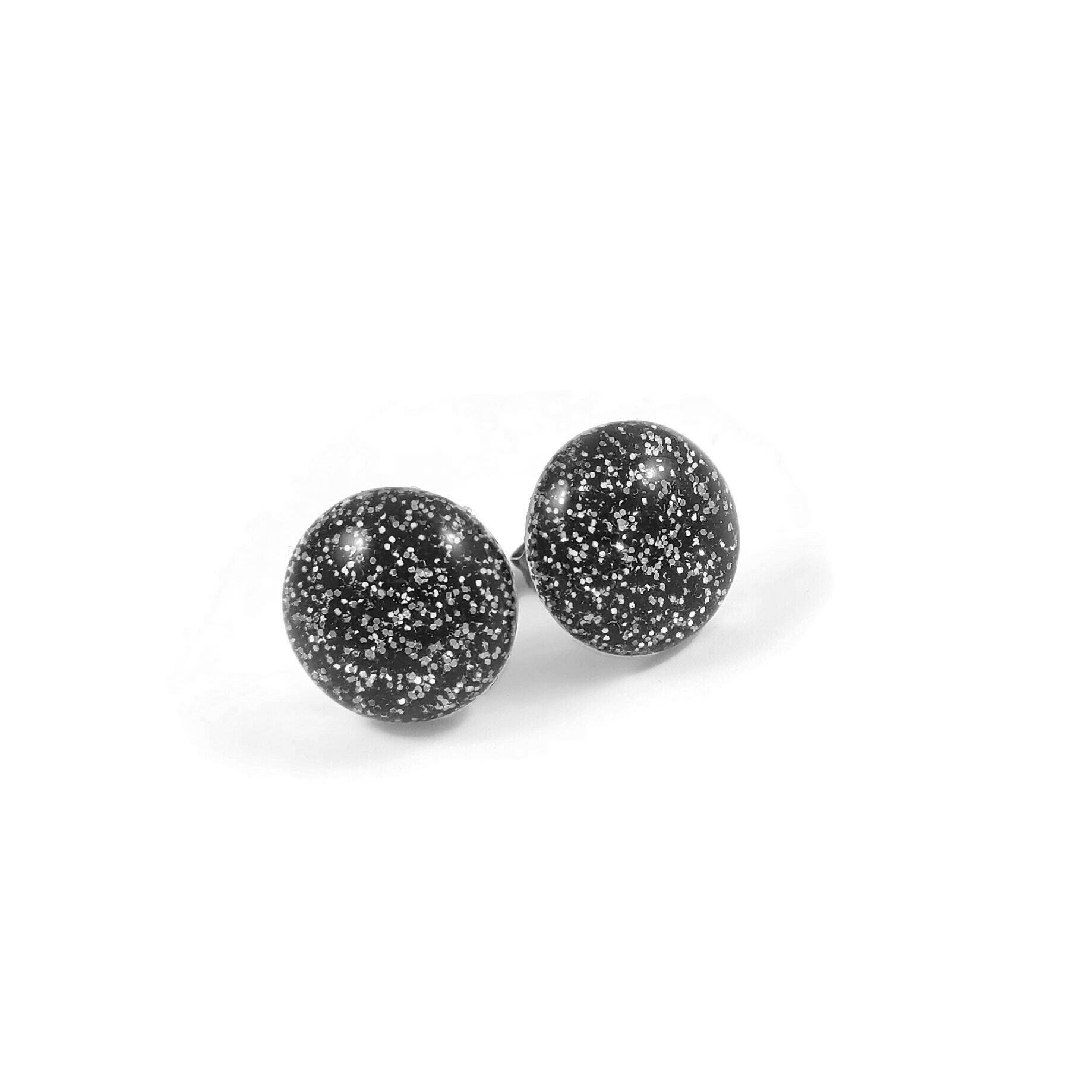 Black titanium stud earrings, Hypoallergenic implant grade jewelry, Glitter resin cabochon earrings