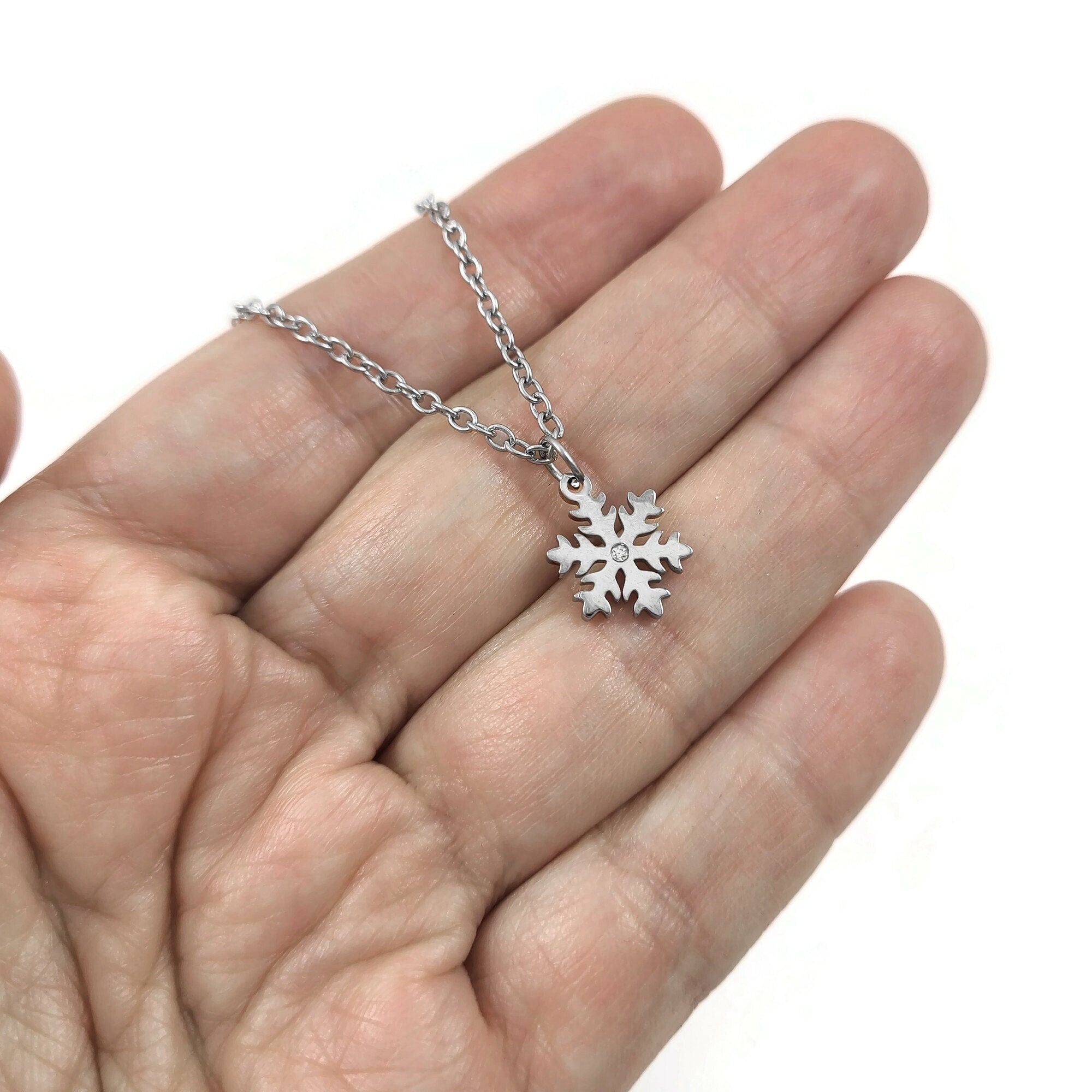 Dainty snowflace necklace, Hypoallergenic surgical steel, Waterproof non tarnish jewelry, Silver chain, Winter gift for her