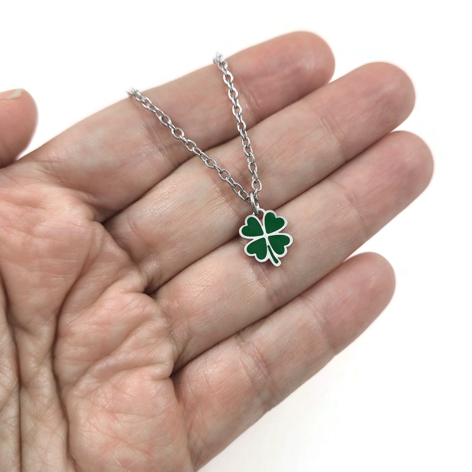 Four leaf clover necklace, Hypoallergenic surgical steel, Waterproof non tarnish jewelry, Lucky charm gift for her