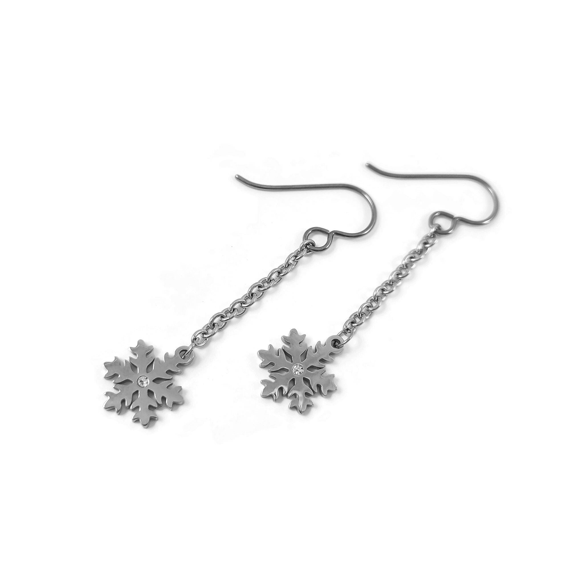 Snowflake chain earrings, Hypoallergenic titanium and surgical steel, Waterproof non tarnish jewelry, Winter gift for her