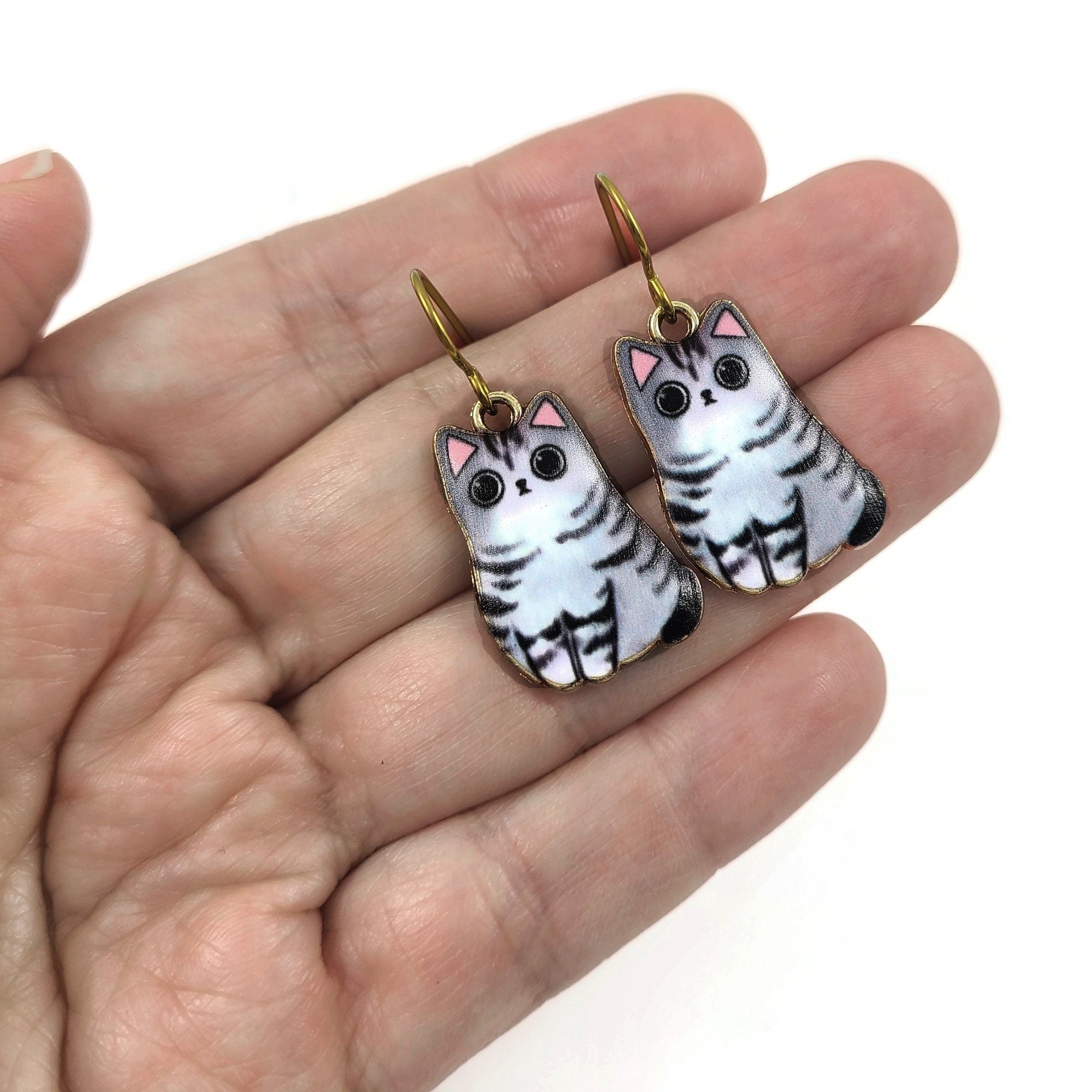 Cat earrings, Pure niobium dangle earrings, Hypoallergenic gold jewelry, Fun cat lover gift ideas