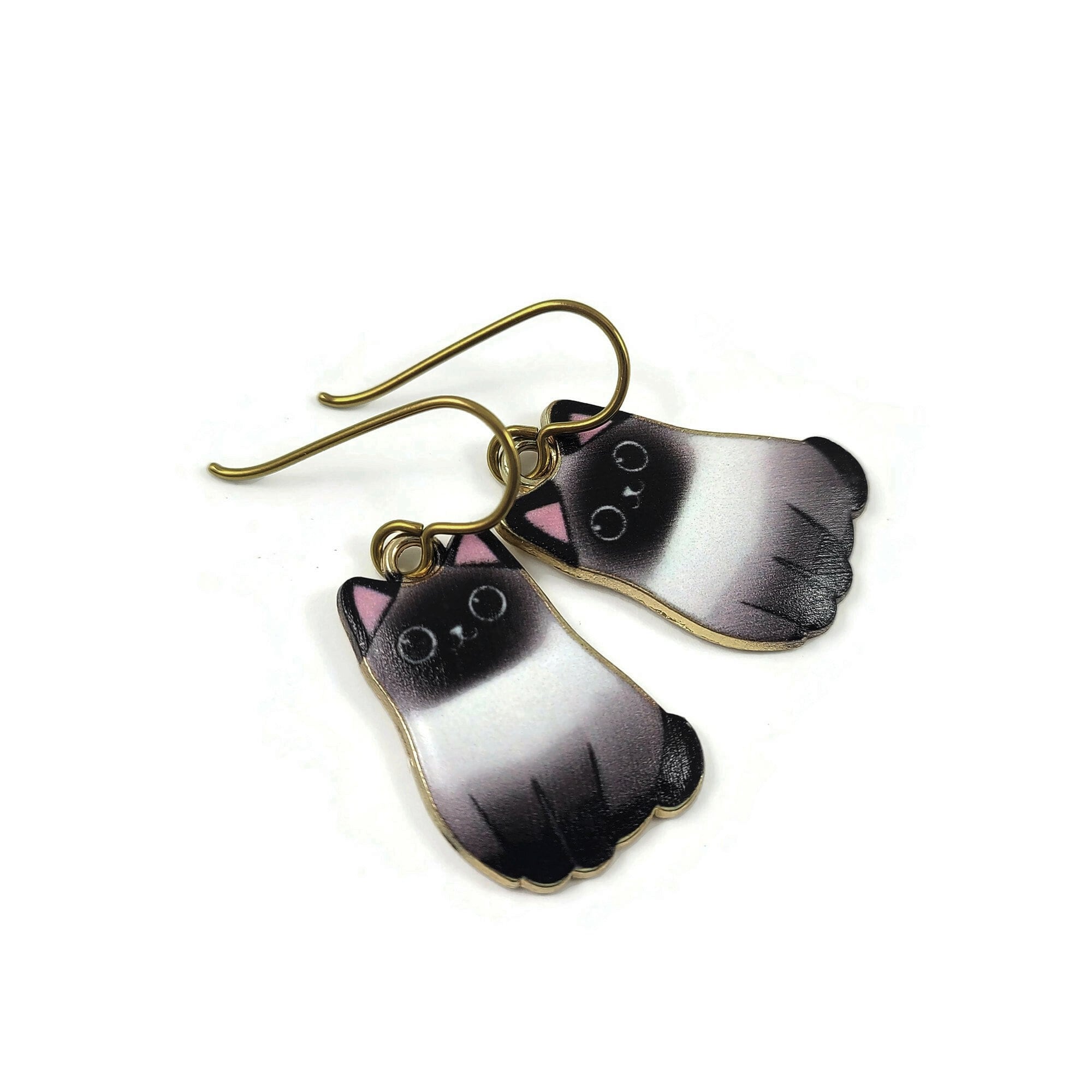 Cat earrings, Pure niobium dangle earrings, Hypoallergenic gold jewelry, Fun cat lover gift ideas