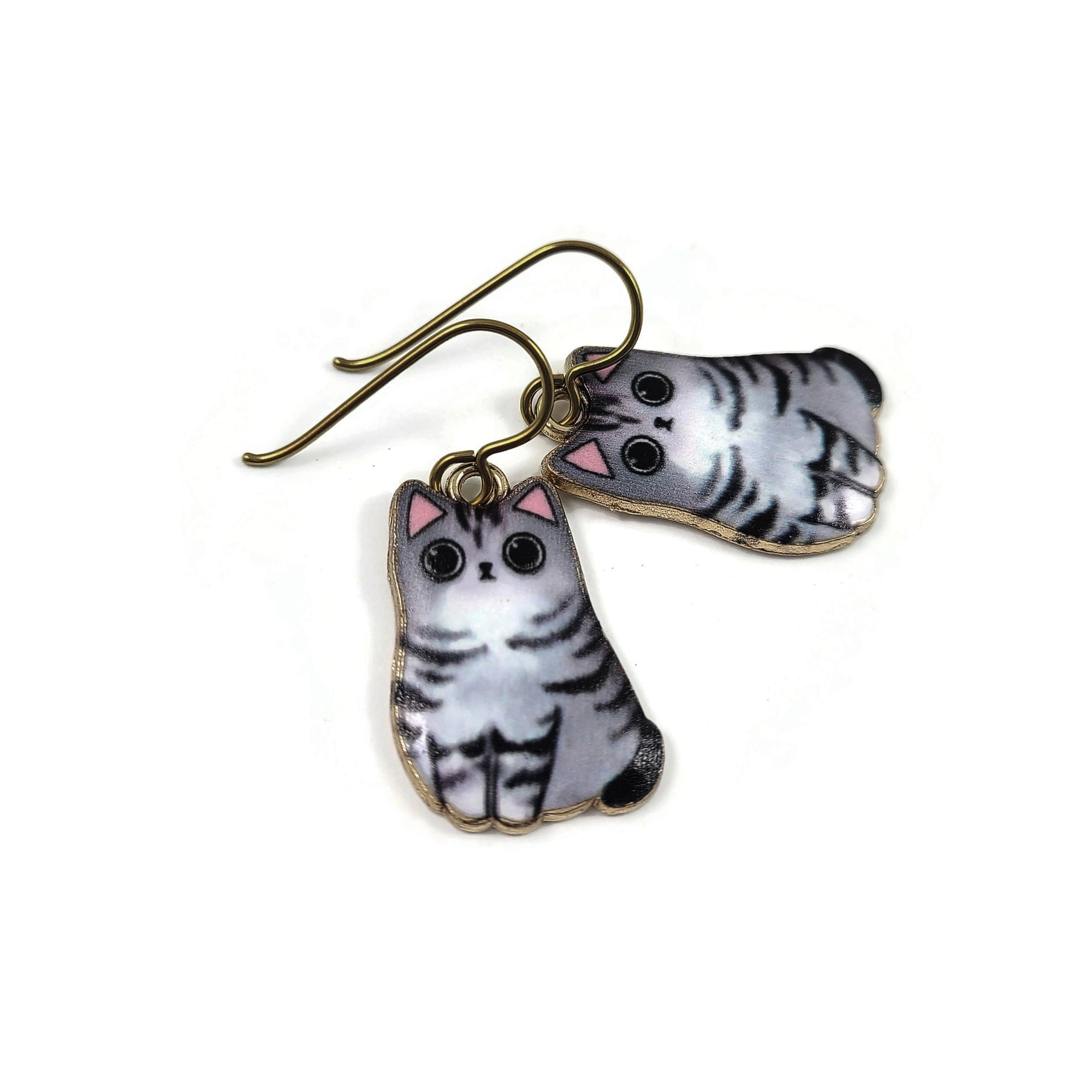 Cat earrings, Pure niobium dangle earrings, Hypoallergenic gold jewelry, Fun cat lover gift ideas