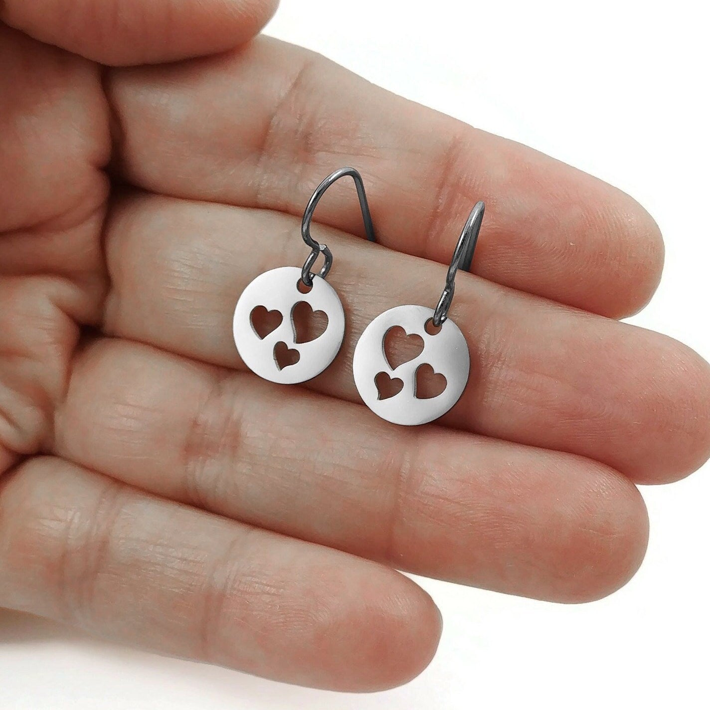 Heart drop earrings, Hypoallergenic pure titanium, Cute Valentine gift