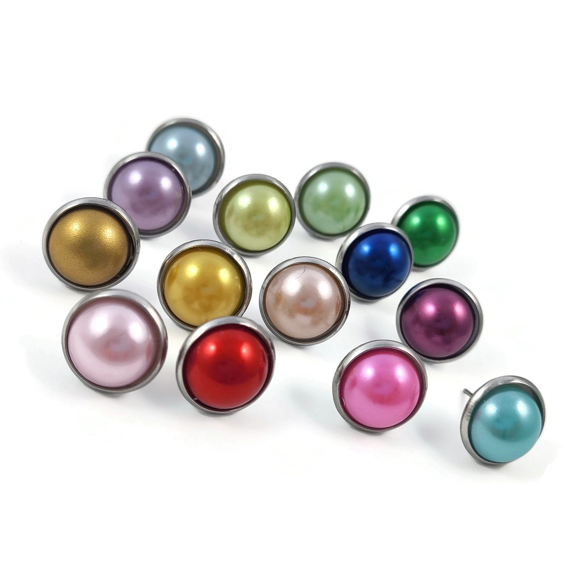 Colorful pearly stud earrings, Hypoallergenic surgical stainless steel, Plastic pearl jewelry