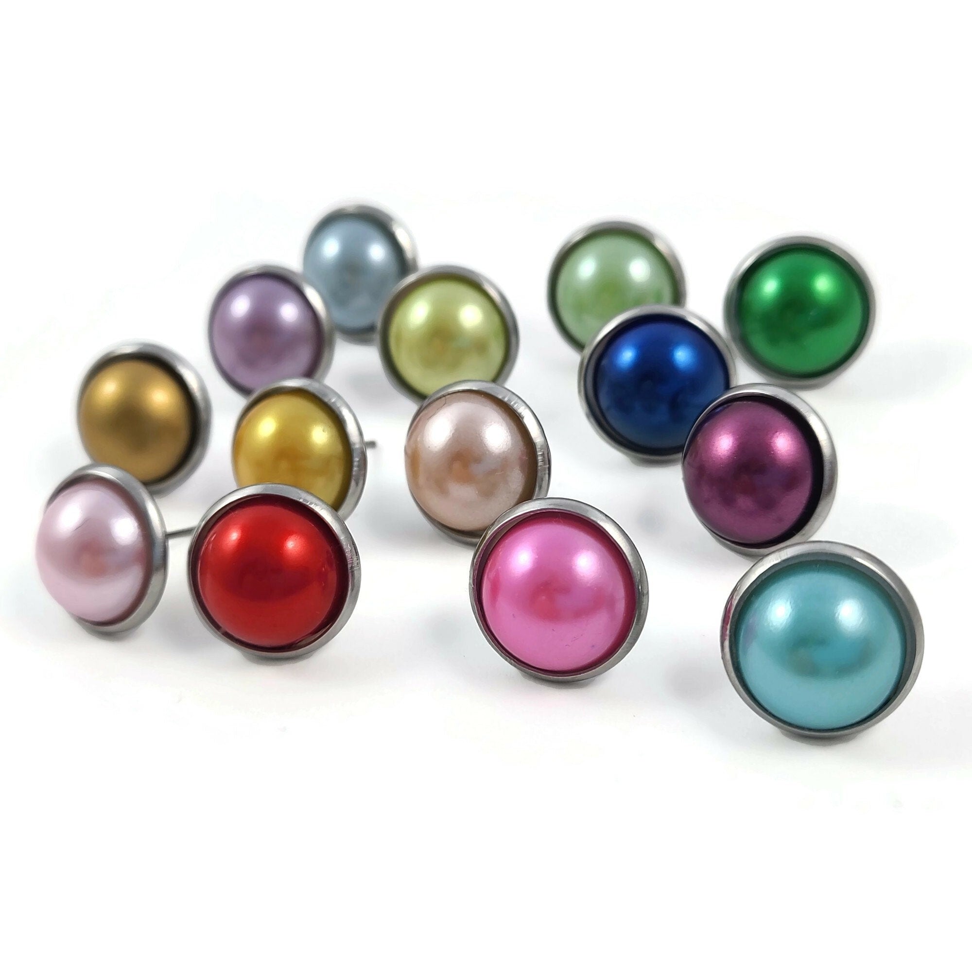 Colorful pearly stud earrings, Hypoallergenic surgical stainless steel, Plastic pearl jewelry